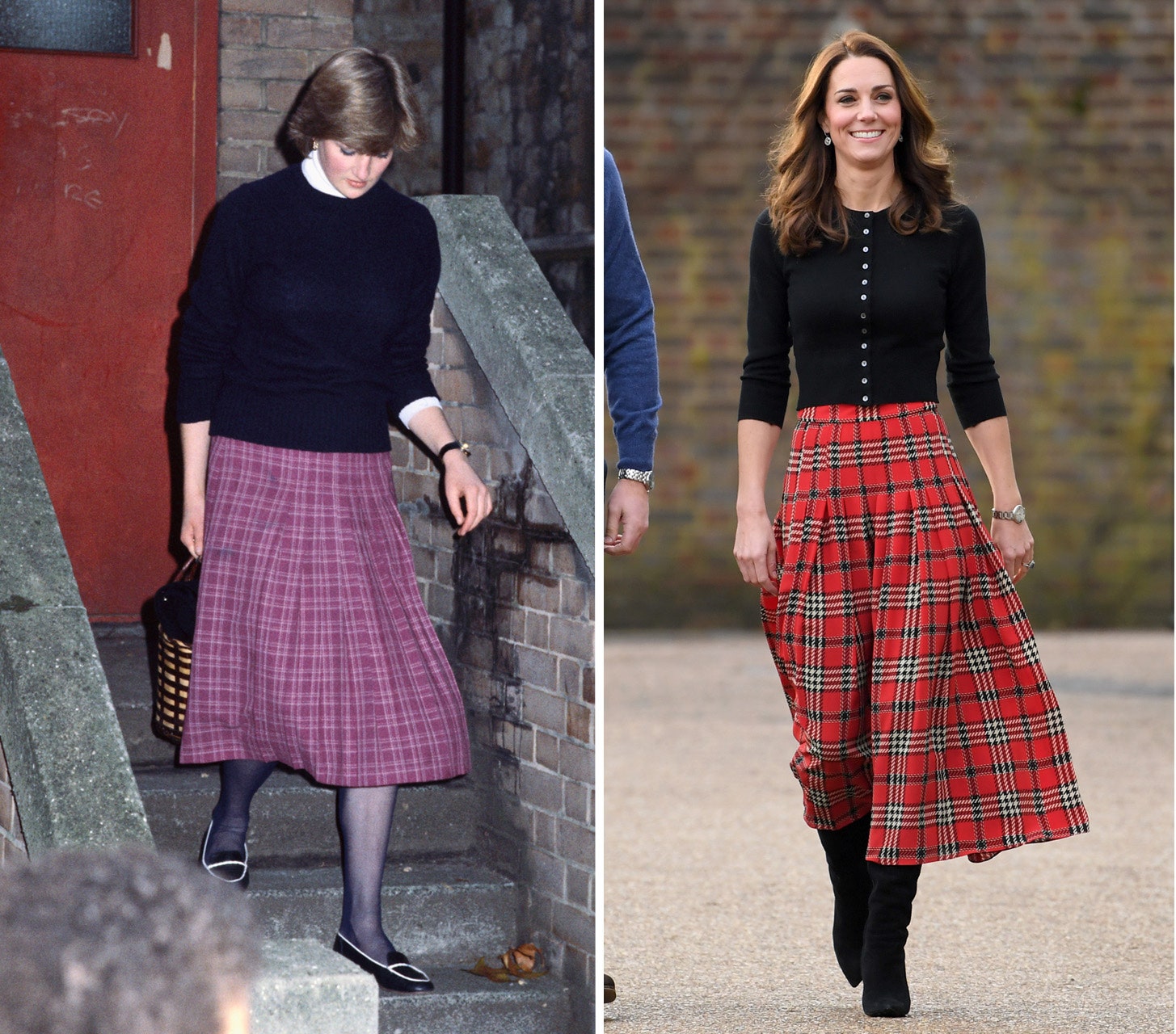 Diana in een paars geruite rok, een jaar voor haar huwelijk met prins Charles; Kate in een feestelijke rok van Emilia Wickstead in 2018