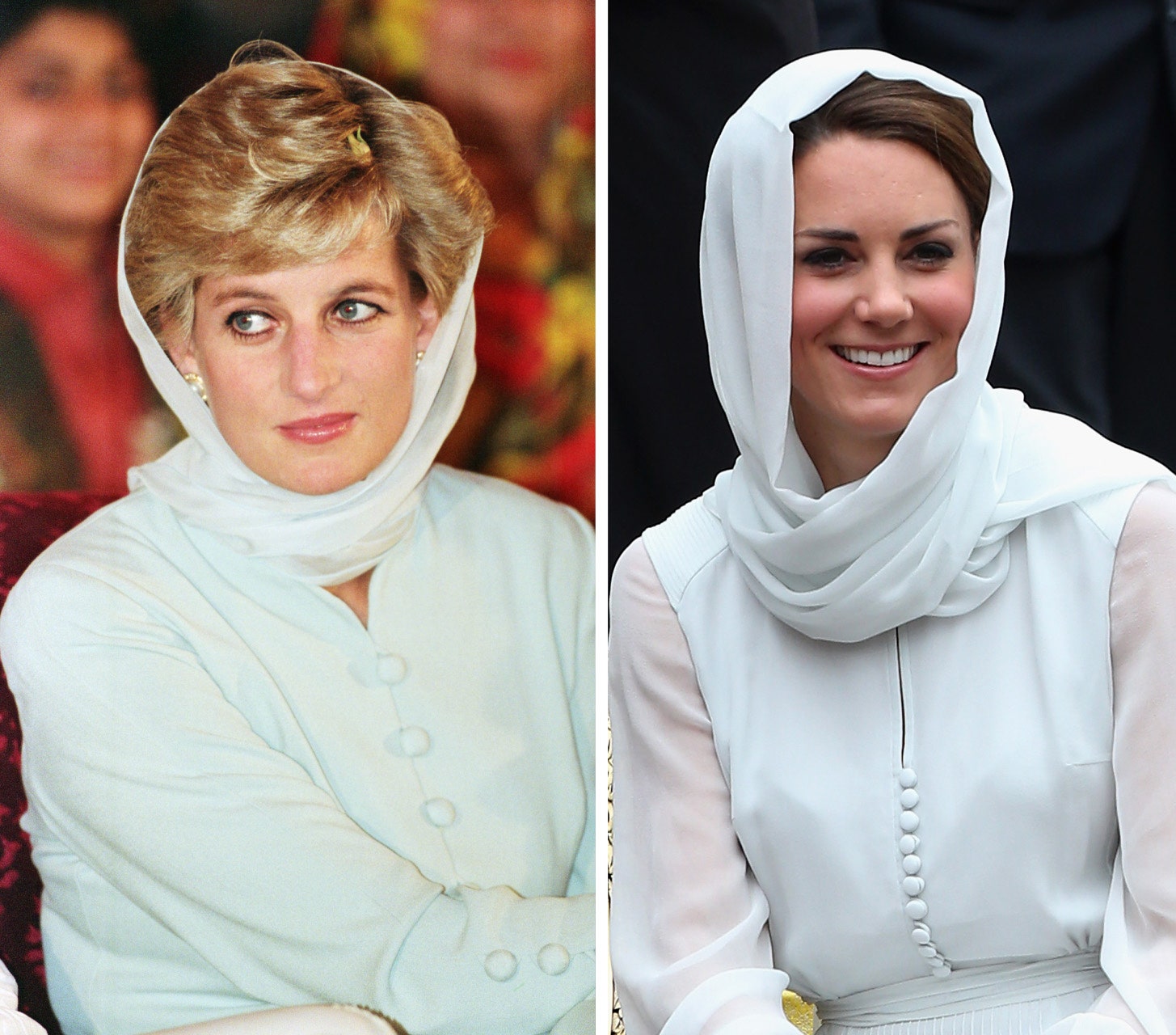 Prinses Diana in Pakistan in 1996; Kate draagt een op Diana geïnspireerde look tijdens de diamanten jubileumtournee door het Verre Oosten in 2012