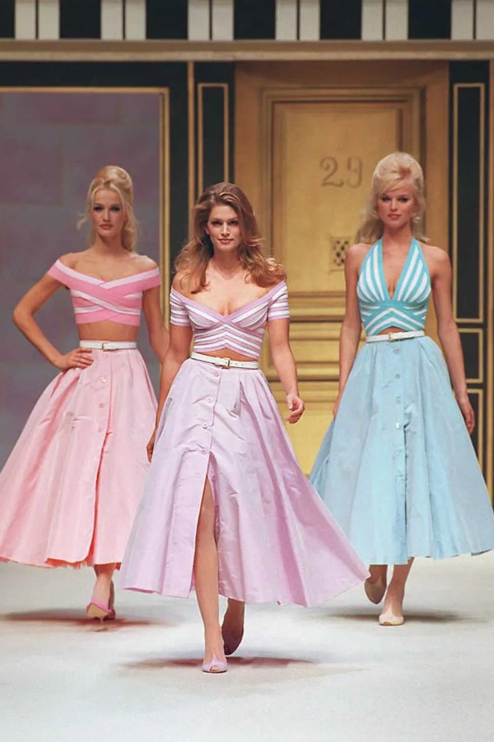 Karen Mulder, Cindy Crawford en Eva Herzigova voor Hervé Léger lente/zomer 1996