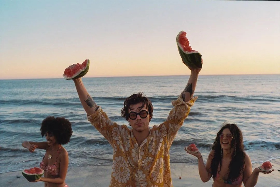 In de videoclip voor het langverwachte 'Watermelon Sugar' droeg Harry een garderobe van kleurrijke, op vintage geïnspireerde stukken. Het hoogtepunt? Dit Bode-shirt, natuurlijk gedragen met Gucci-zonnebril, mei 2020.