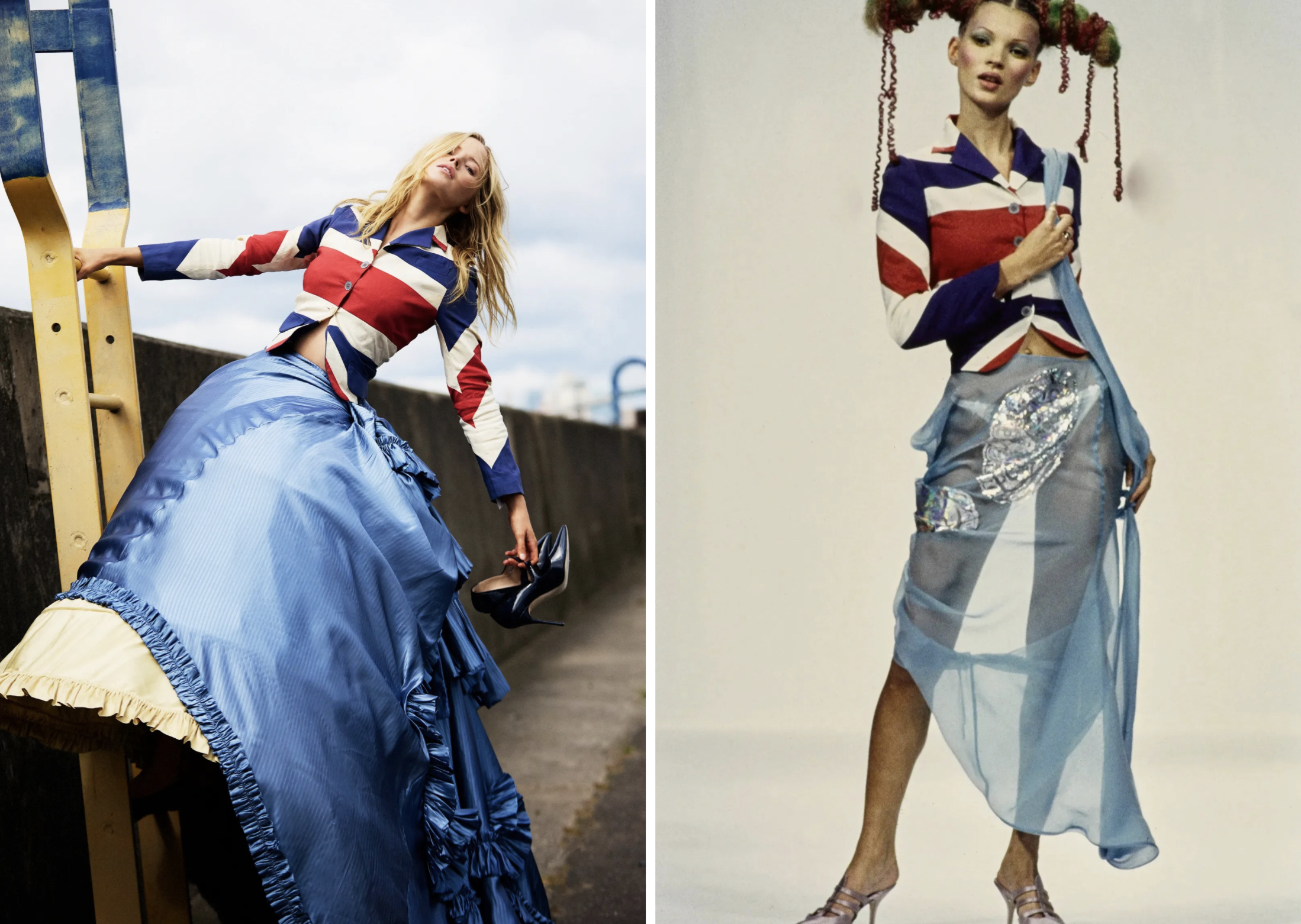 Ellie Bamber in Moss & Freud, en Kate Moss in John Galliano voor lente/zomer 1993