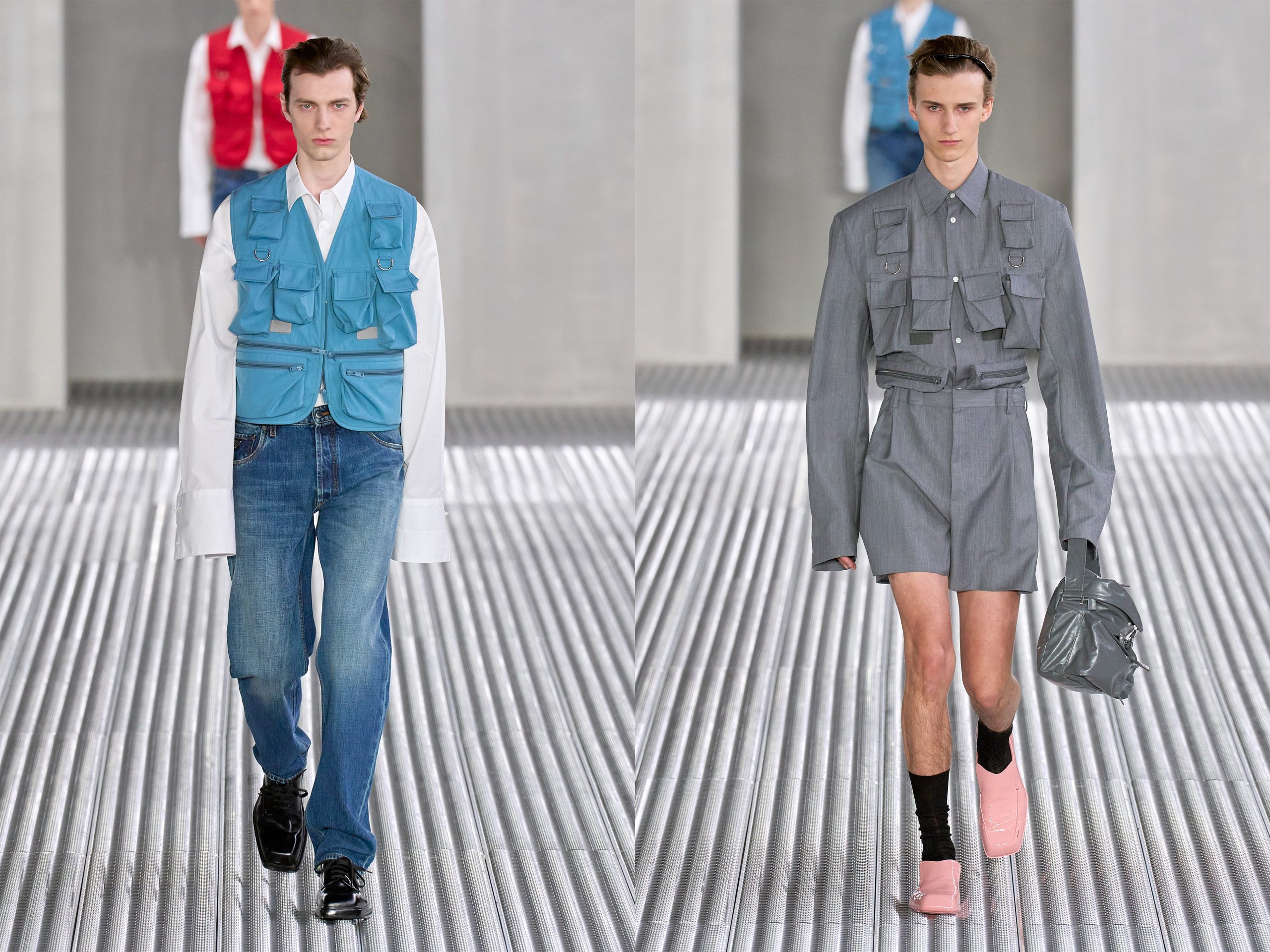 Twee looks met cargo tops als mannenmode trends
