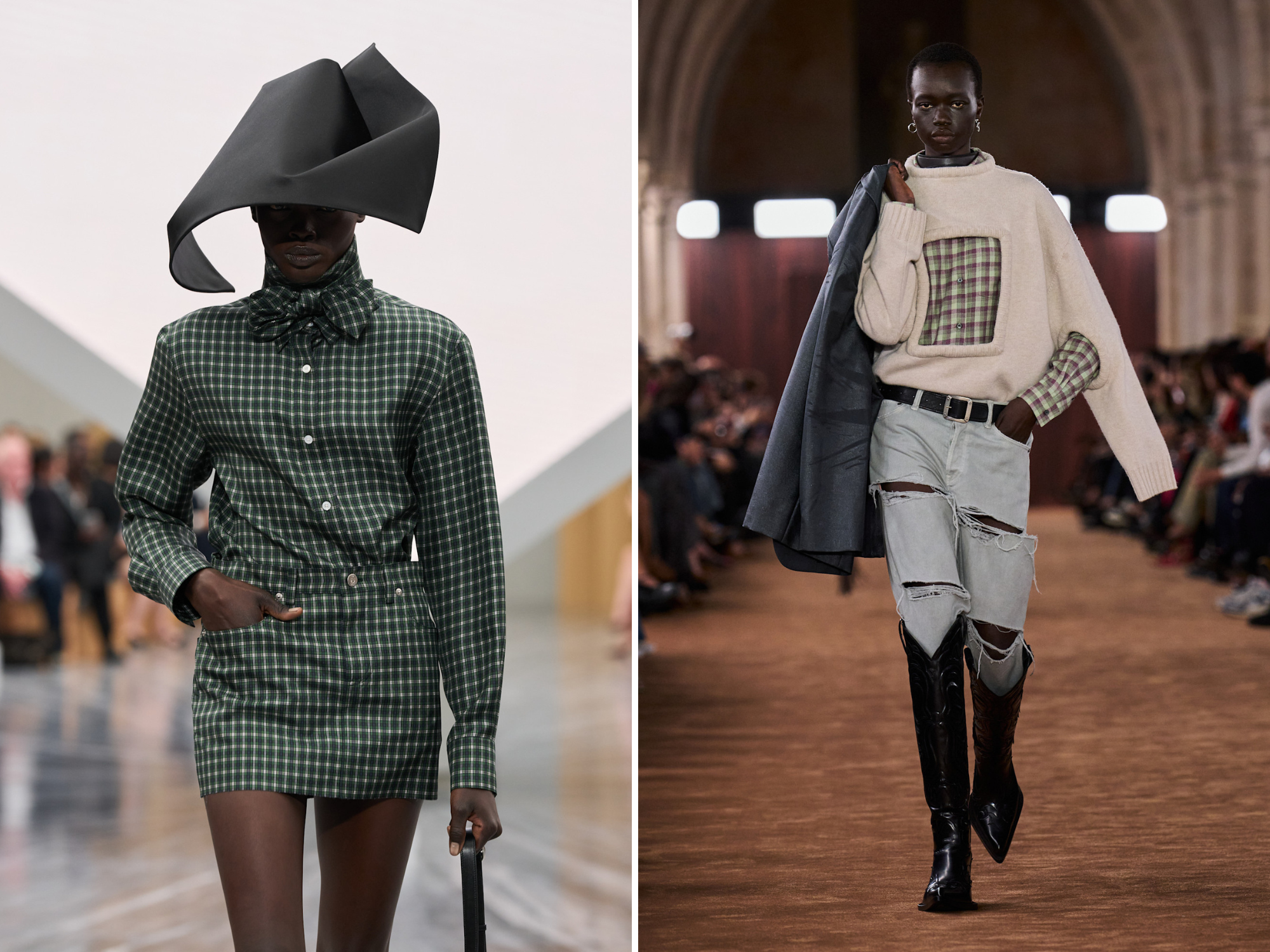 geruite blouse op de runway bij dior en acne studios