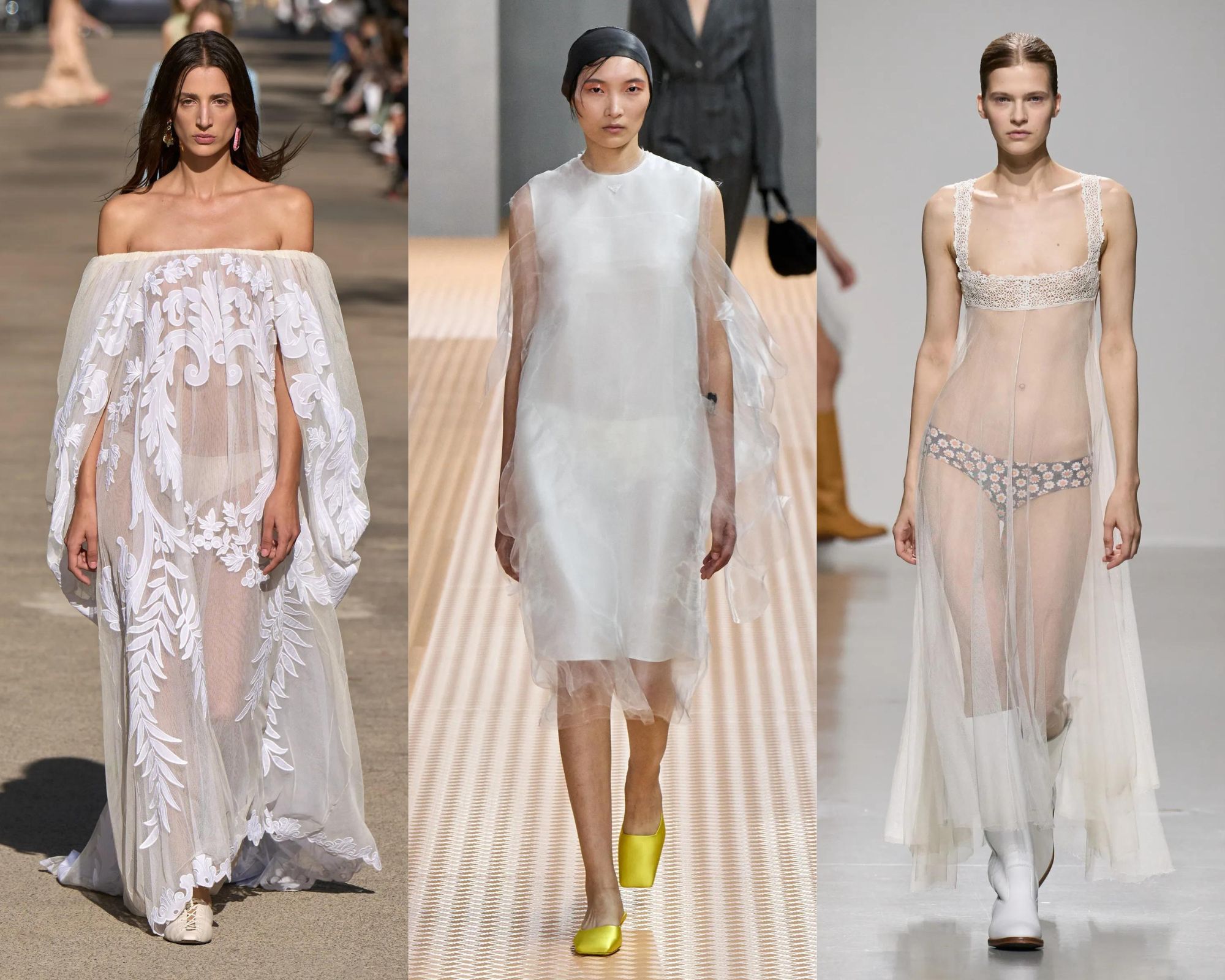 Doorschijnende witte jurken behoren tot de trends van lente/zomer 2024