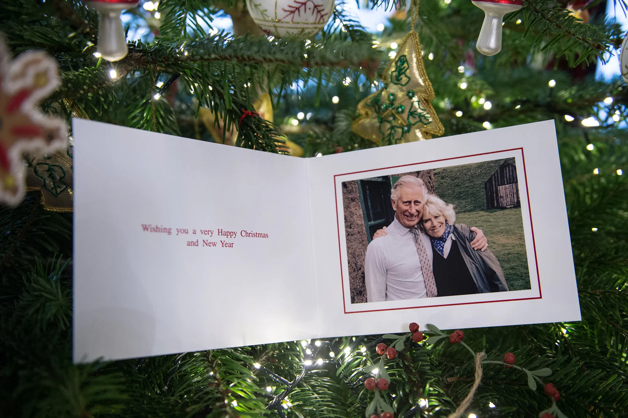 Een gelukkige Charles en Camilla in 2015, op een kerstkaart.