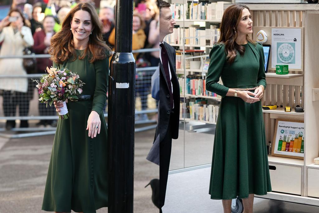 Prinses Mary en Kate Middleton in een groene jurk