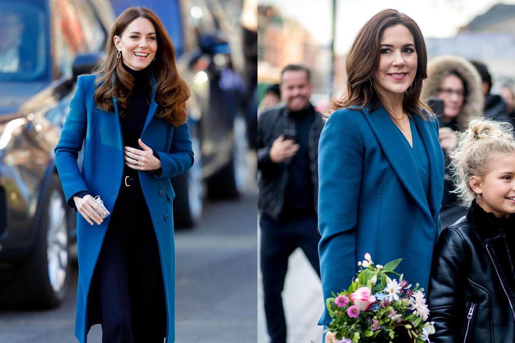 De prinses van Cambridge en de toekomstige koningin van Denemarken in een statementjas