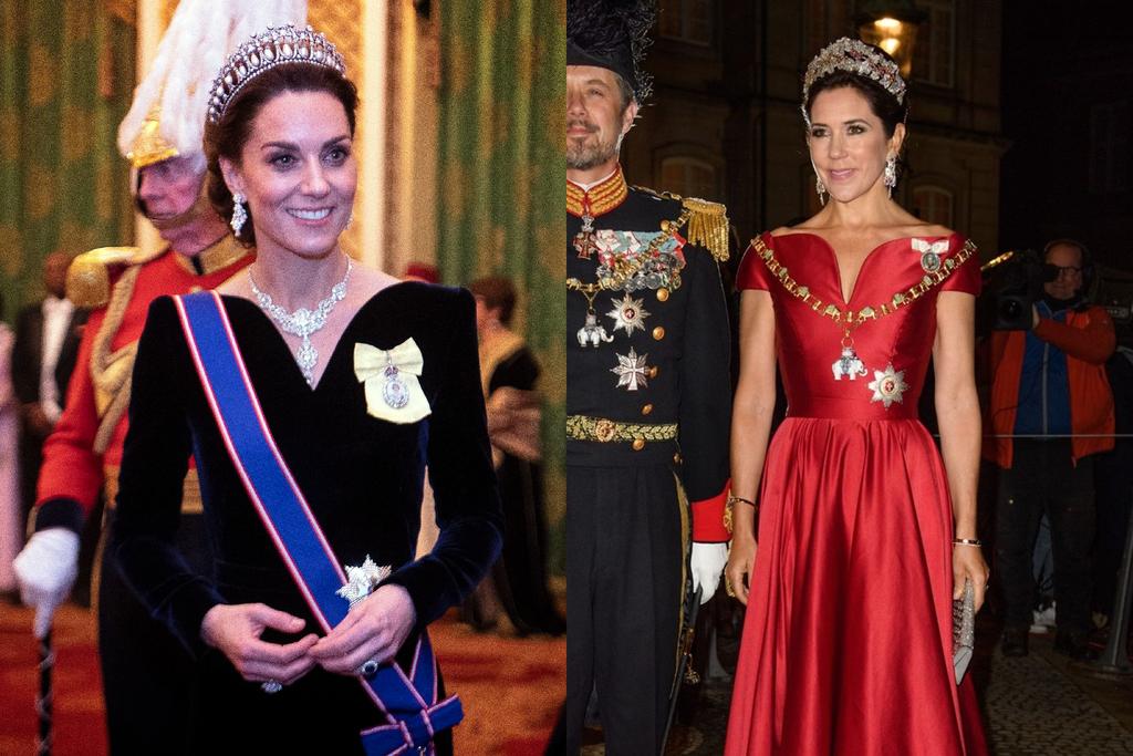 De prinses van Cambridge en de toekomstige koningin van Denemarken in een jurk met sweetheart-halslijn