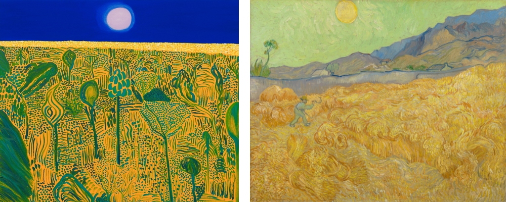 'Coming of Age Landscape (2018) (links), 'Korenveld met maaier (1889) (rechts).