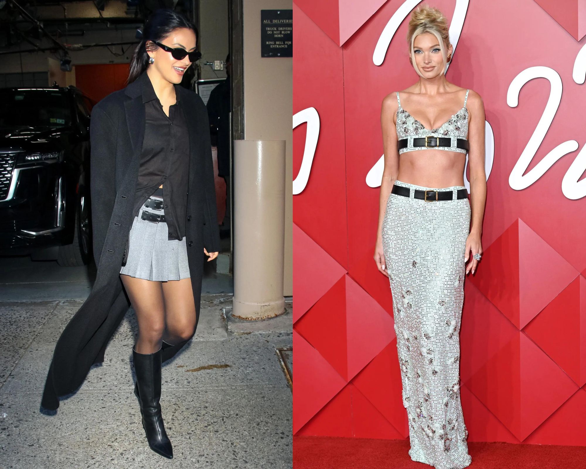 Camila Mendes en Elsa Hosk met dubbele riem trend 