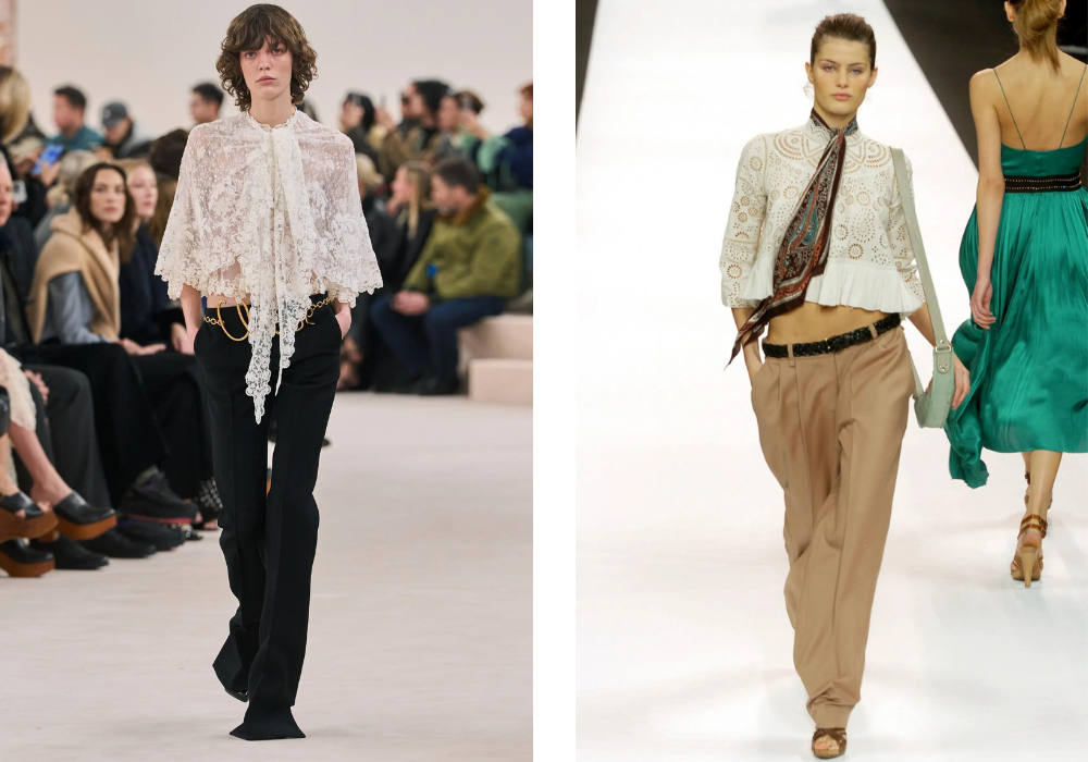 Gelijksoortige looks van Chloé zien we terug op de runway, eerst in 2004, nu in 2024.