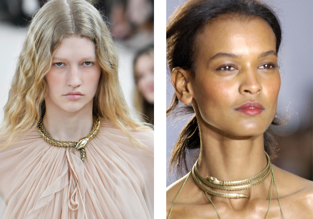 Gelijksoortige kettingen van Chloé zien we terug op de runway, eerst in 2004, nu in 2024