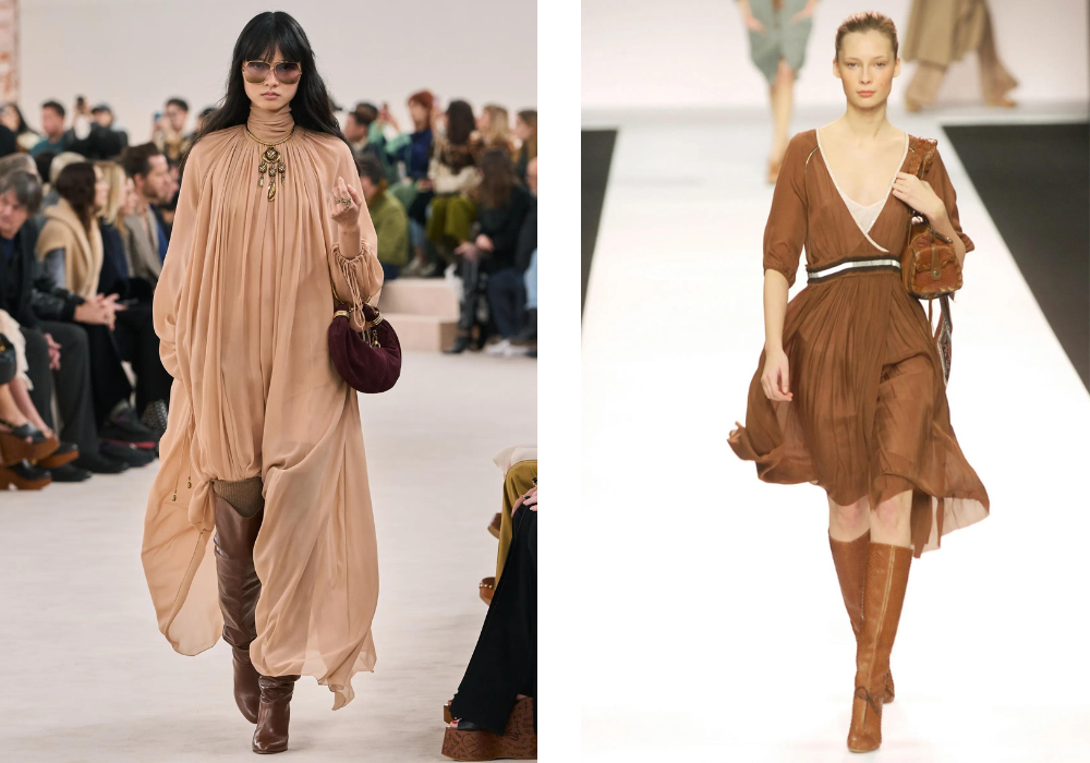 Gelijksoortige looks van Chloé zien we terug op de runway, eerst in 2004, nu in 2024