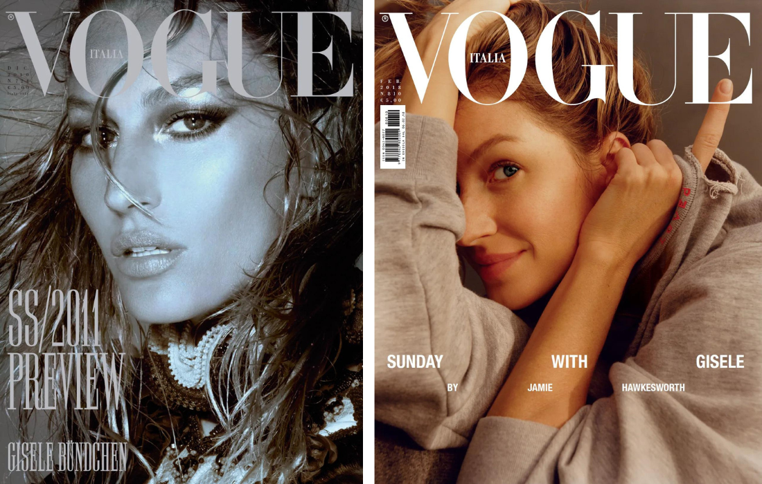 Gisele Bündchen op de cover van Vogue Italia, 2010 (links), Gisele Bündchen op de cover van Vogue Italia (2018).