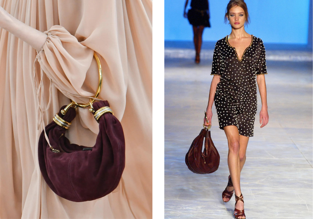 Bordeaux rode tas van Chloé zien we terug op de runway, eerst in 2003, nu in 2024.