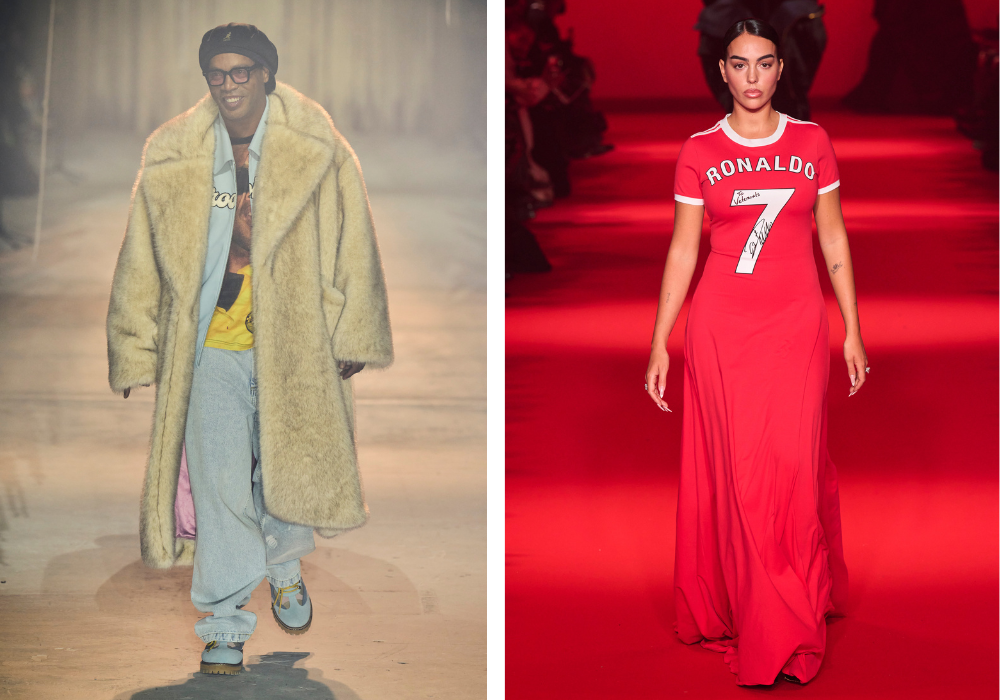 voetballer Ronaldinho op de runway van Kidsuper lente/zomer 2024 (links) en Georgina Rodriguez op de runway van vetements lente/zomer 2024 in een gesigneerd shirt van haar partner voetballer Ronaldo.