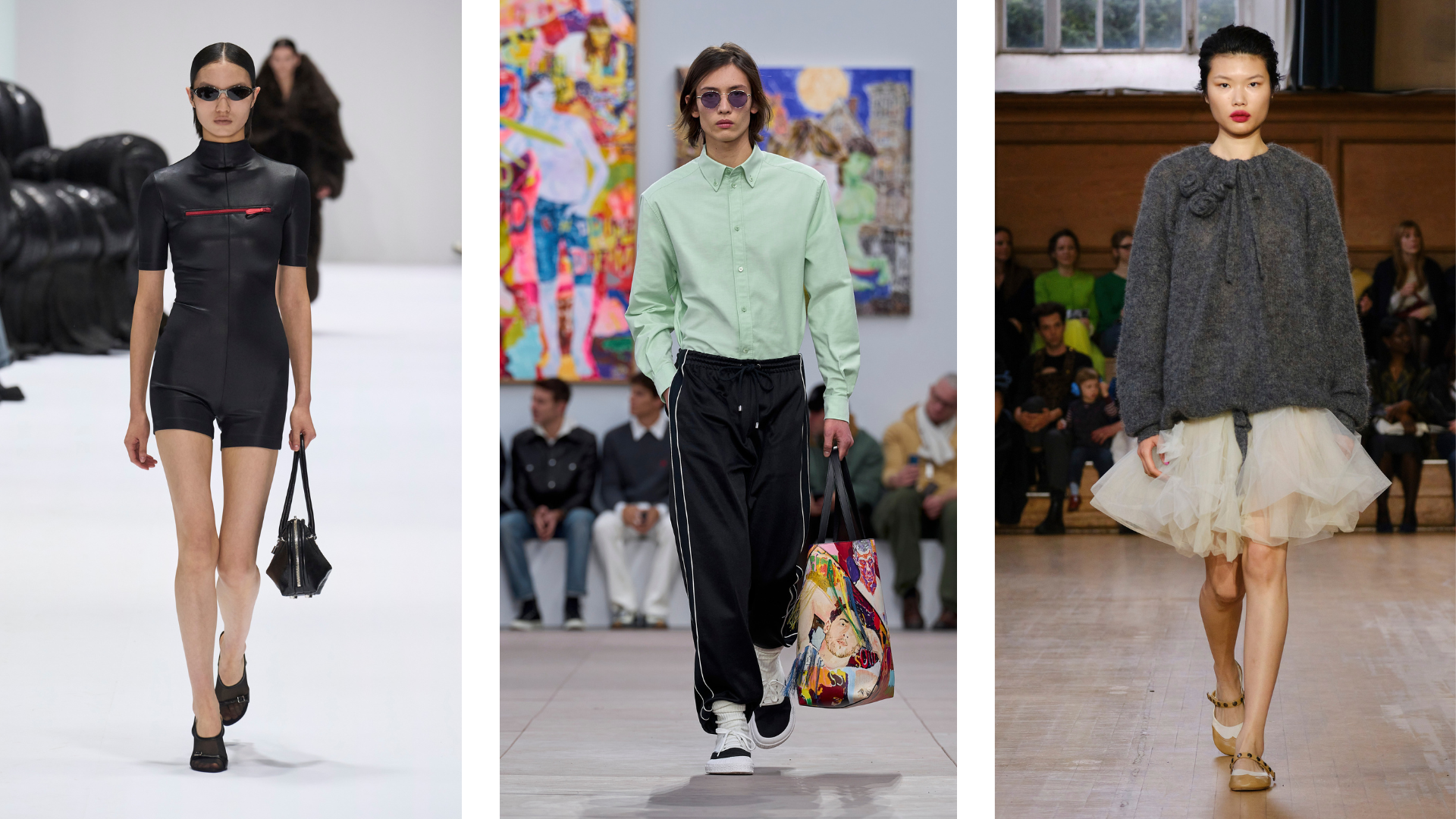 Acne Studio's herfst/winter 2024 (links), Loewe's herfst/winter 2024 (midden) en Molly Goddard herfst/winter 2024 (rechts). 