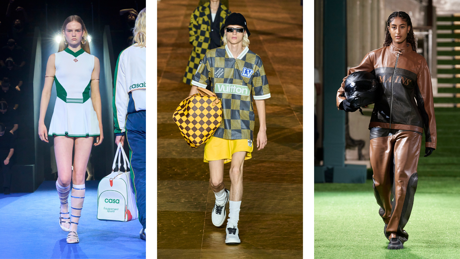Mode en sport: tennis op de runway bij de herfst/winter 2024-collectie van Casablanca (links),  voetbalshirts bij de lente/zomer 2024-show van Louis Vuitton (midden), en motorkleding op de runway bij Mains herfst/winter 2024 (rechts).