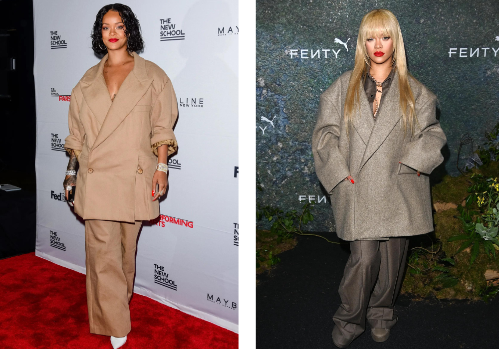 Rihanna in de look waar ze spijt van heeft (links), en de look die ze graag draagt (rechts)