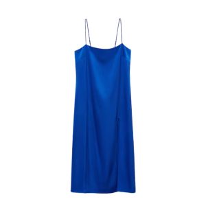 blauwe satijnen jurk mango