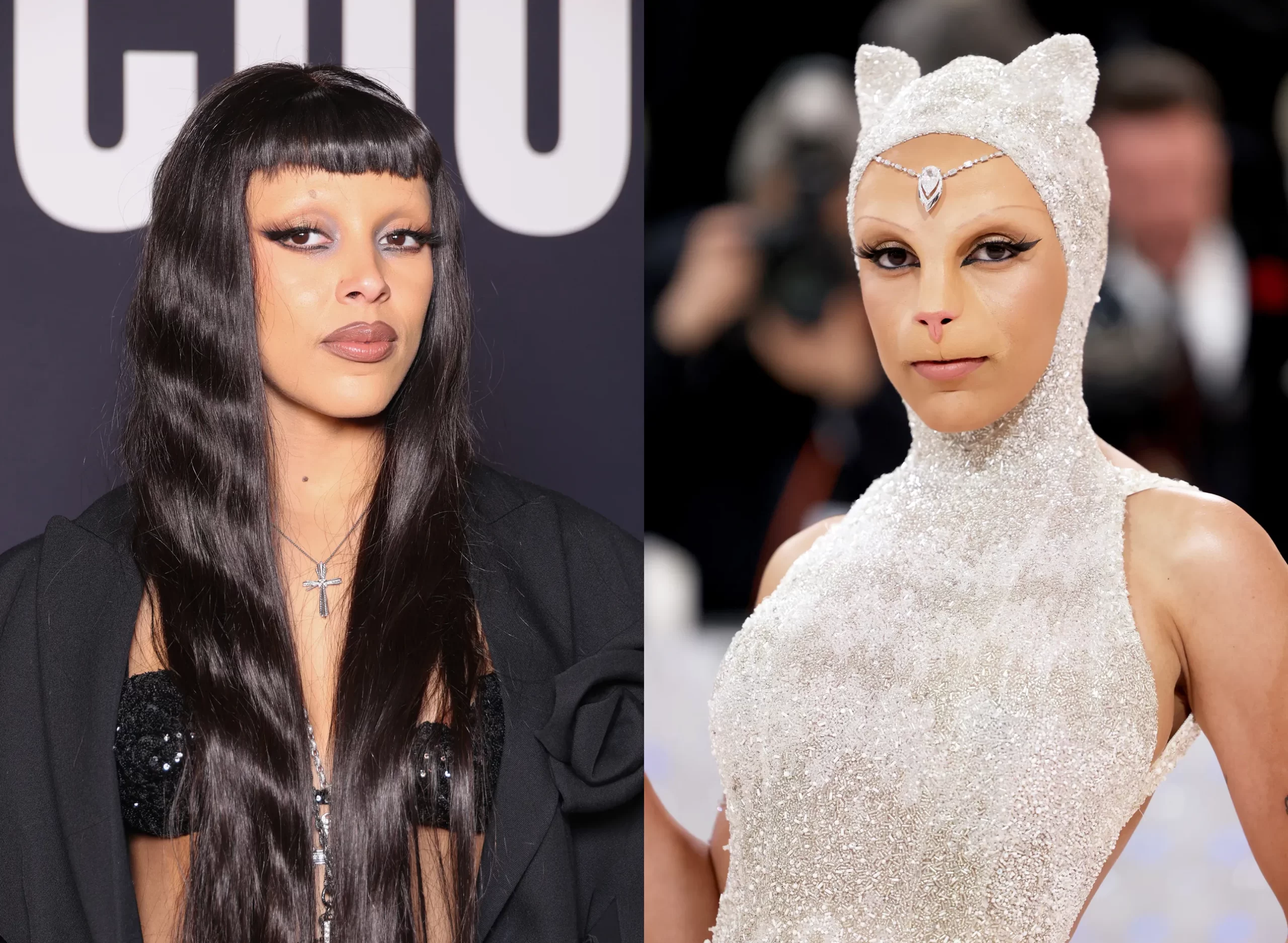 Doja Cat als Karl Lagerfelds kat Choupette op het gala van 2023 (rechts).