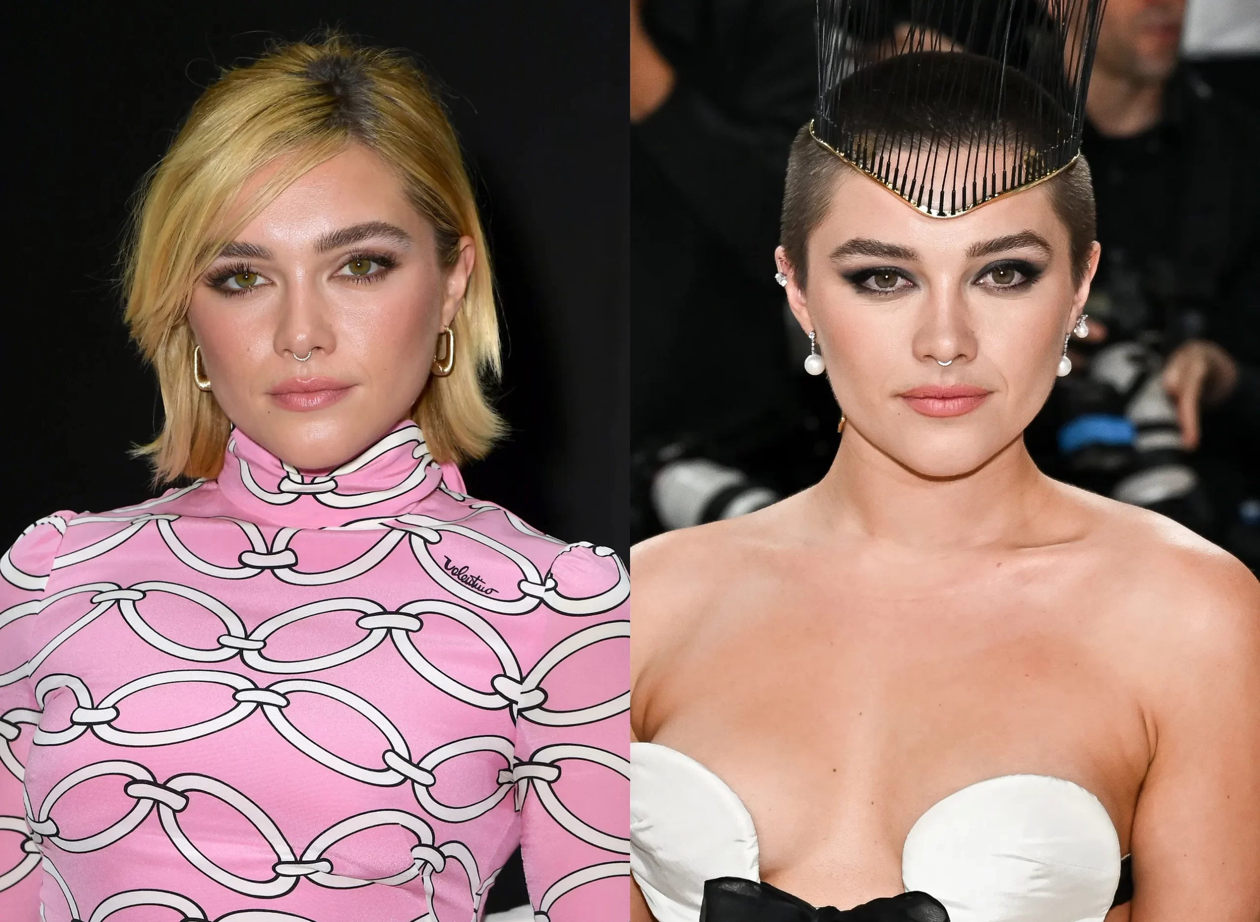 Florence Pugh op het gala van 2023 met als thema 'Karl Lagerfeld: A Line of Beauty' (rechts).