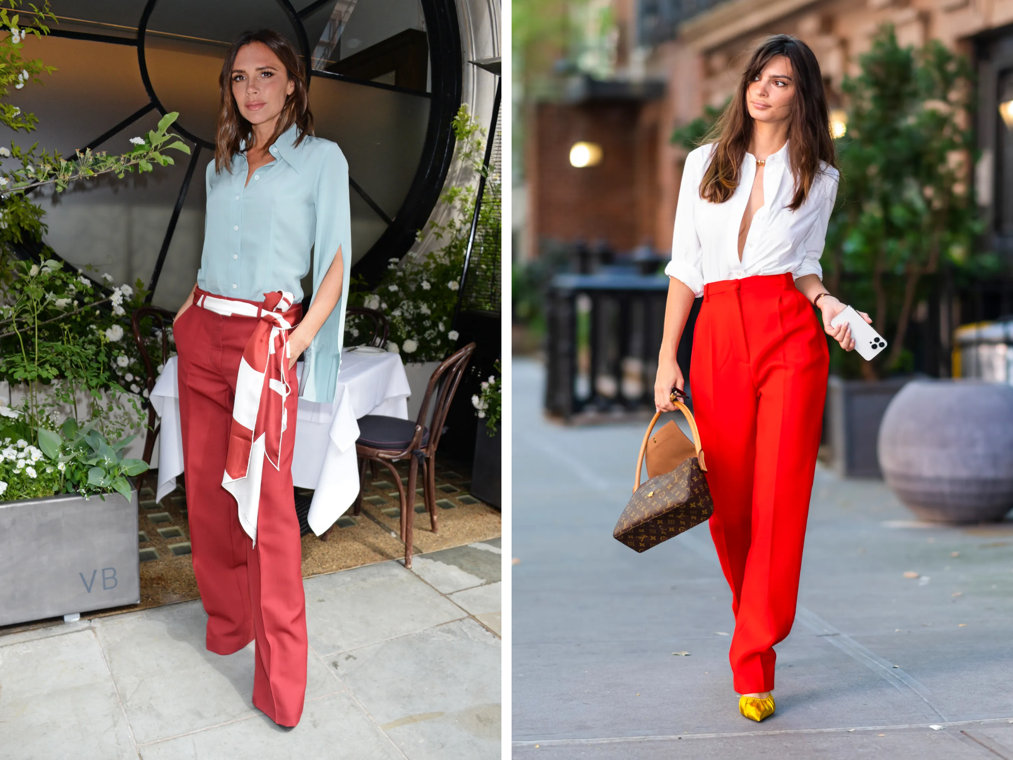 Victoria beckham Emily ratajkowski rode wijde pantalon