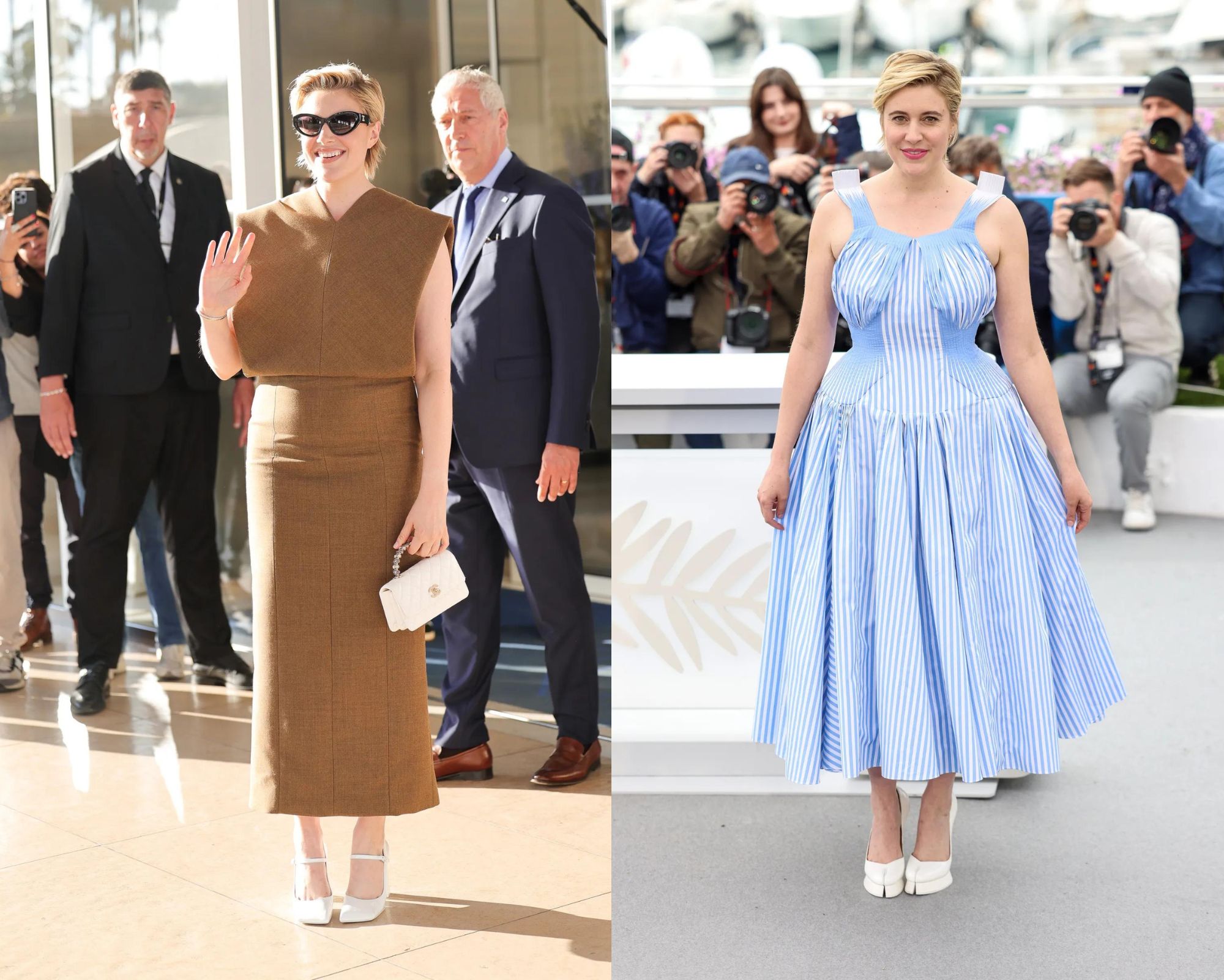 Greta Gerwig in In Carven en Maison Margiela