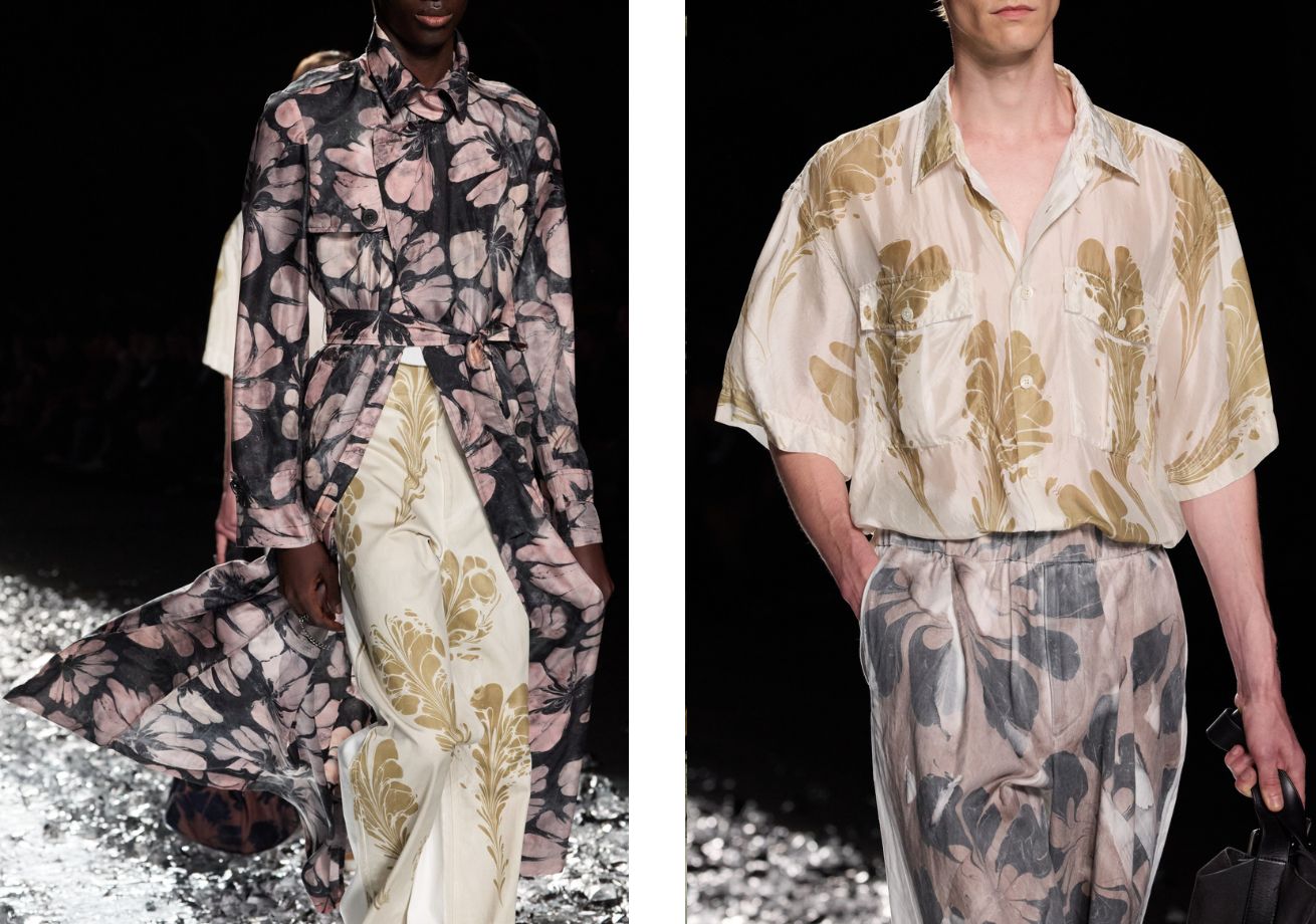 De bloemenprints werden gedrukt door middel van een oude Japanse techniek genaamd 'suminagashi'