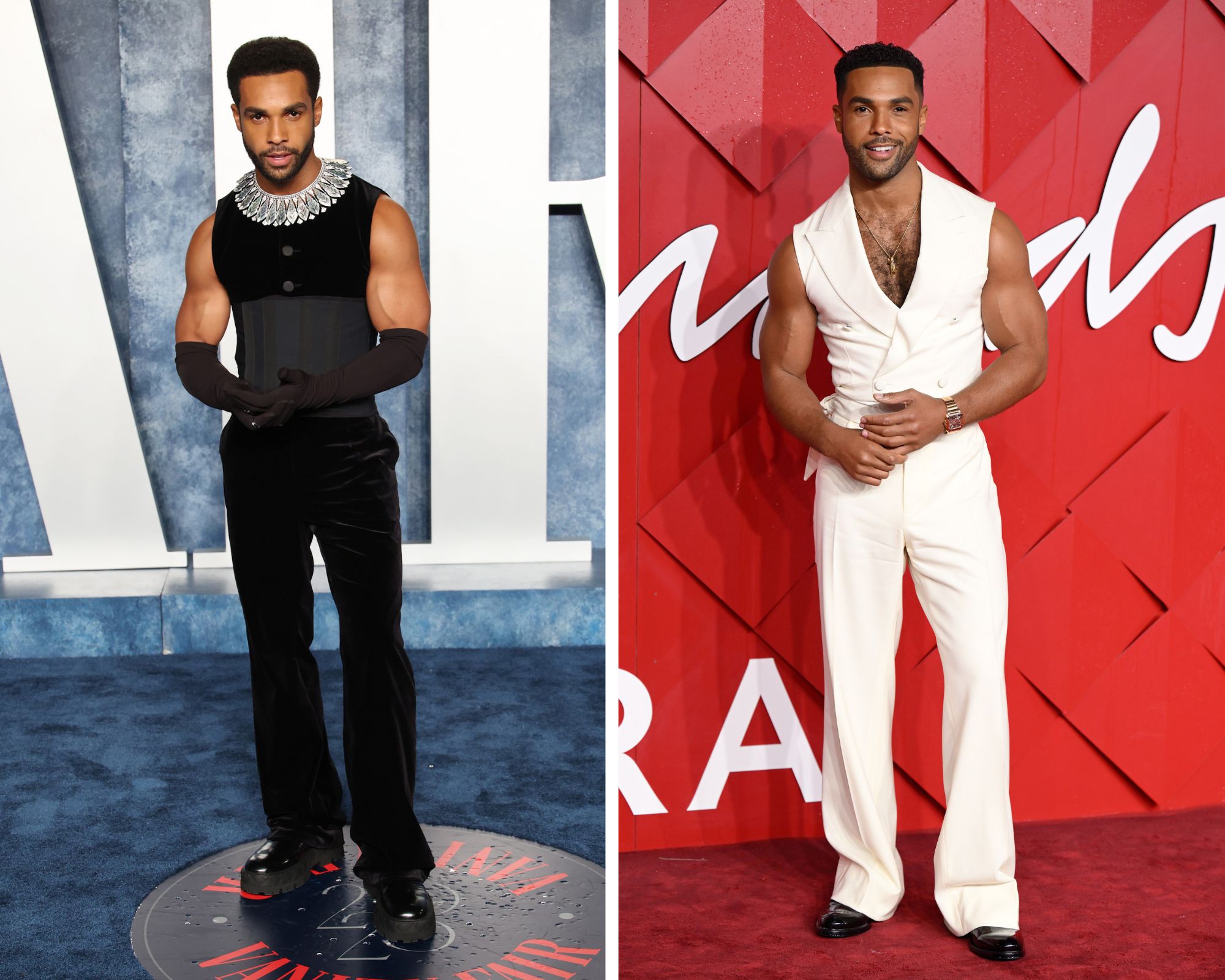 Lucien Laviscount op de rode loper van de Vanity Fair Oscars Afterparty in 2023 en bij de Fashion Awards in december 2023
