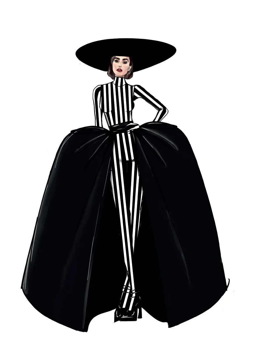 Een schets van de Nina Ricci-look door Harris Reed.