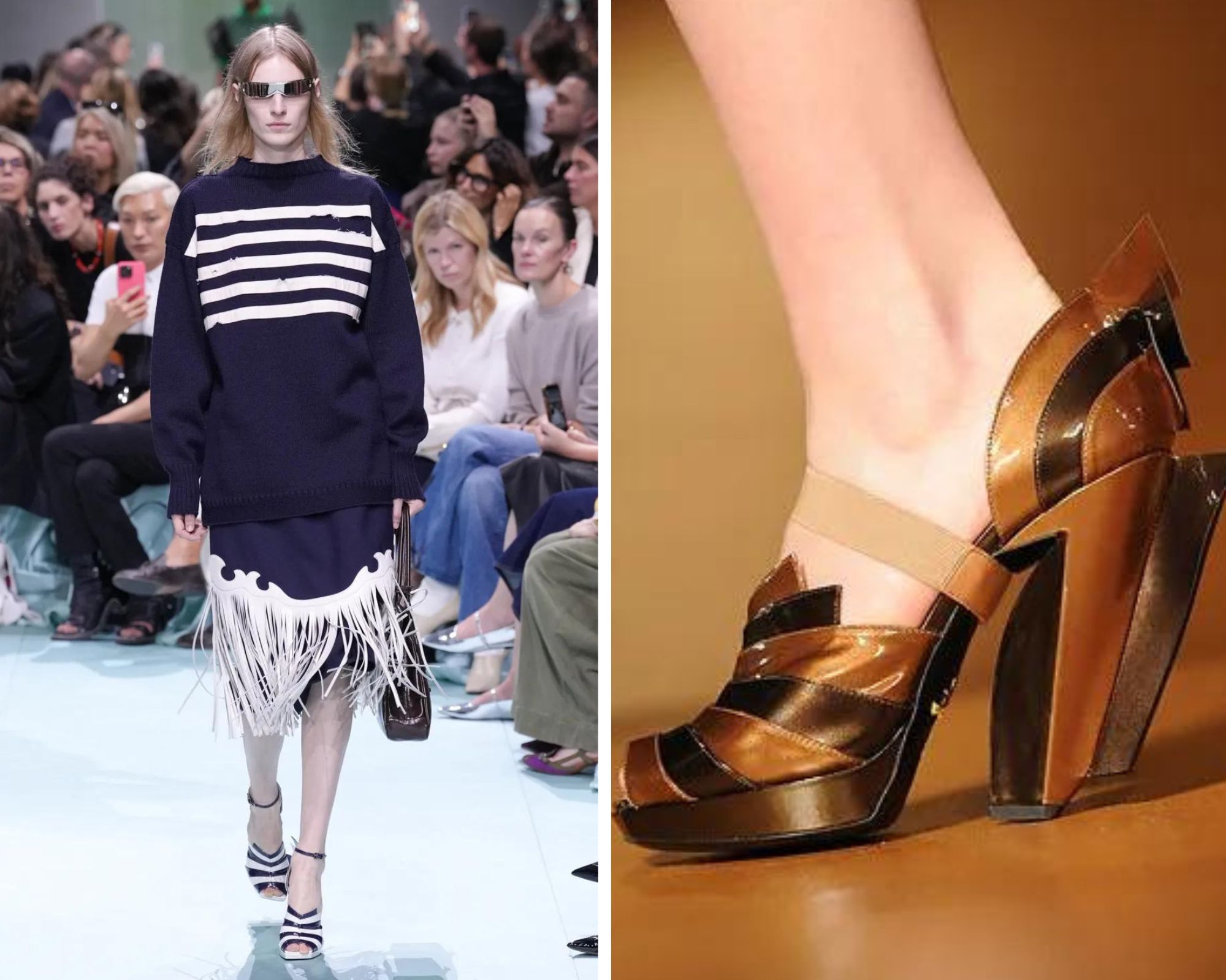 Gestreepte hakken bij Prada lente/zomer 2025 (links) en herfst/winter 2008