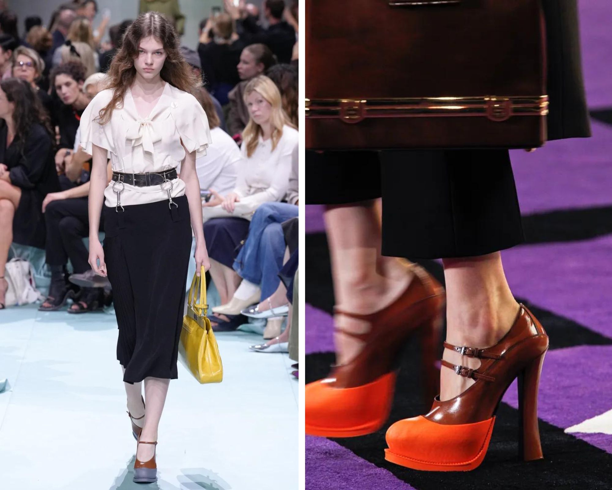 Hakken met rubberen neuzen bij Prada lente/zomer 2025 (links) en herfst/winter 2012