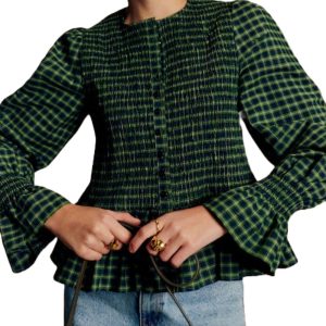 Sézane blauw en groen geruitte blouse