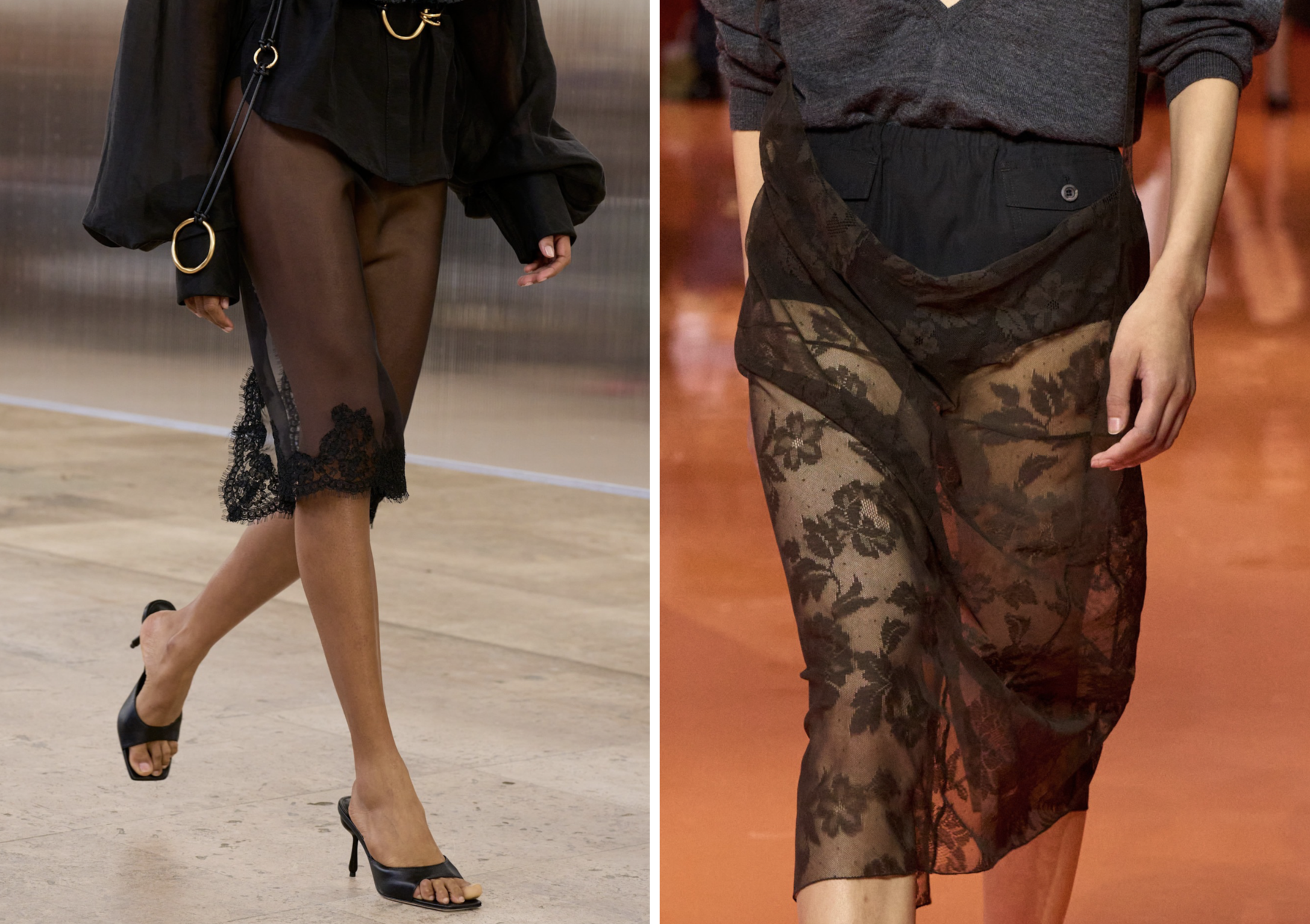 Sheer skirt bij Aje lente/zomer 2026 en Prada lente/zomer 2026