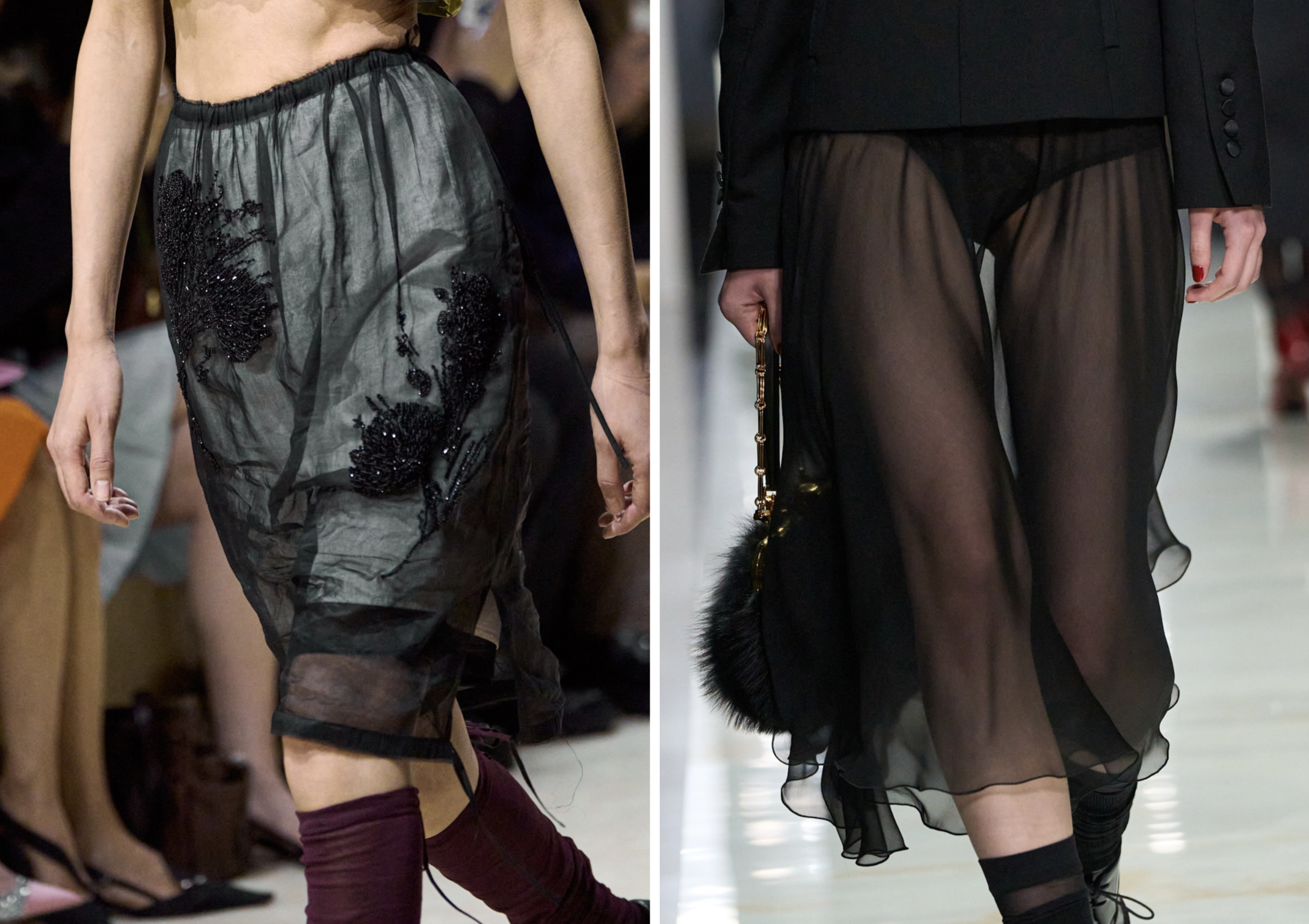 Sheer skirt bij Prada herfst/winter 2026 en Dolce&Gabbana herfst/winter 2026