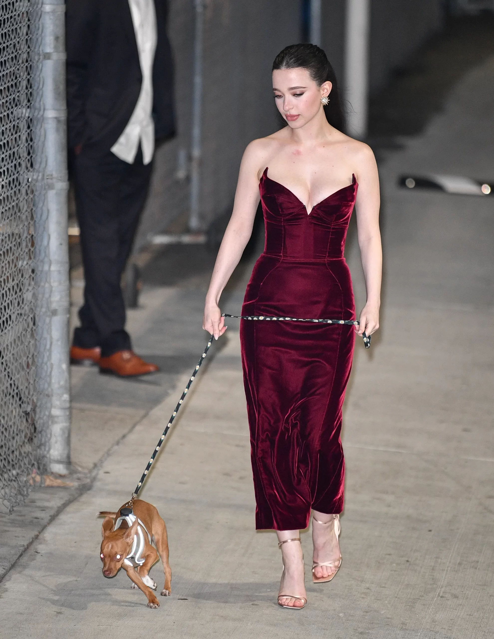 Mikey Madison laat haar hond uit in een rode fluwelen jurk van Mugler