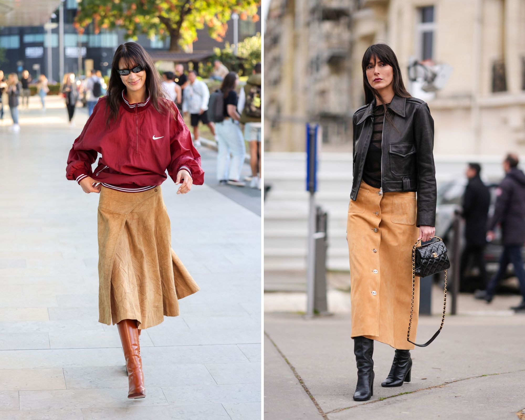 Leia Sfez en Bella Hadid met suède rok