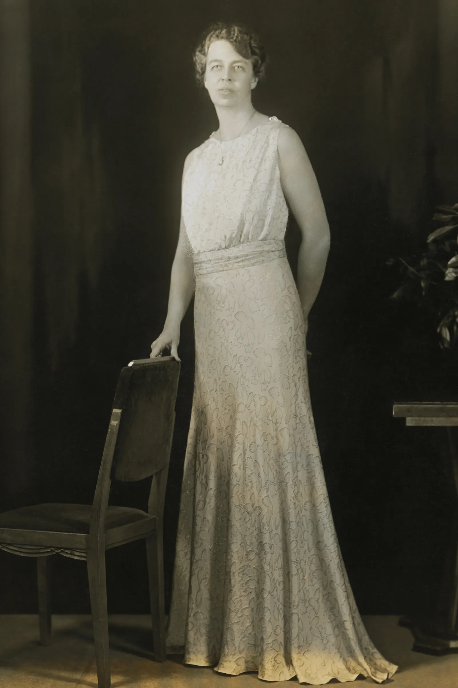 Eleanor Roosevelt in haar blauwe zijden crêpe jurk van Sally Milgrim in 1933