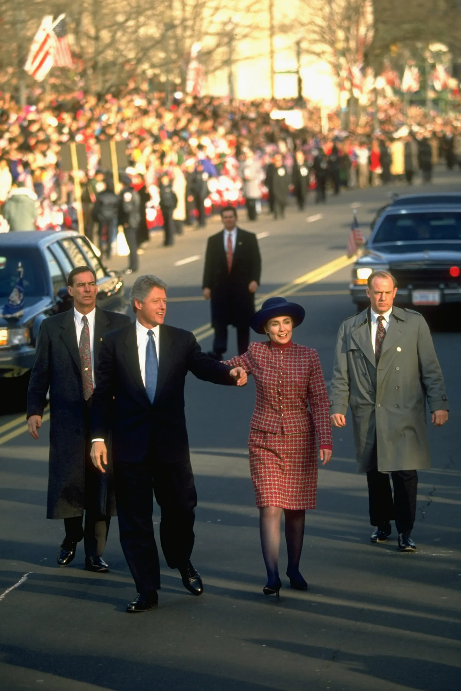Bill Clinton en Hillary Clinton tijdens de inaugurele parade in 1993.