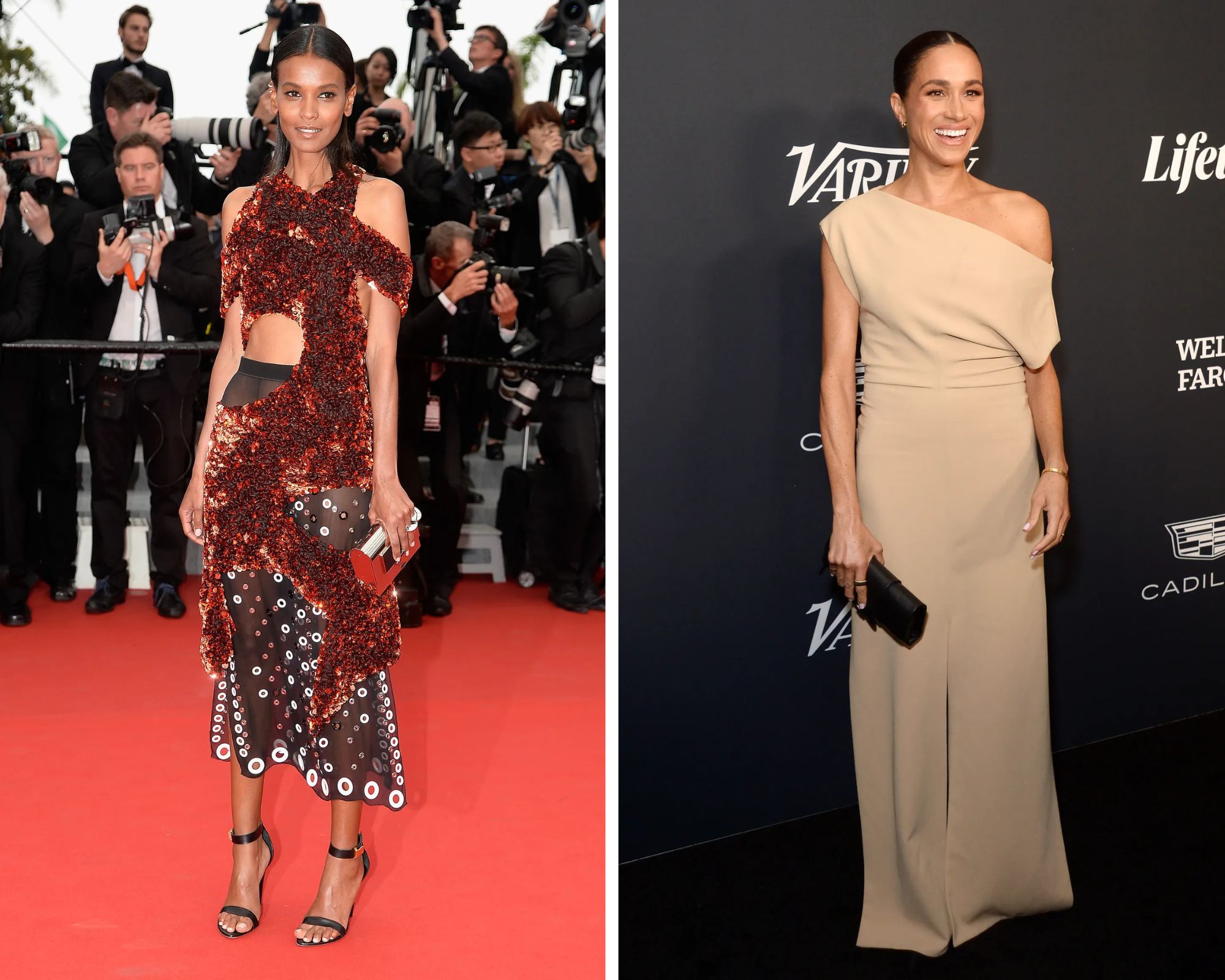 Liya Kebede bij de première van 'Mad Max: Fury Road' in mei 2015 (links), en Meghan Markle bij de Variety Power Of Women in 2023