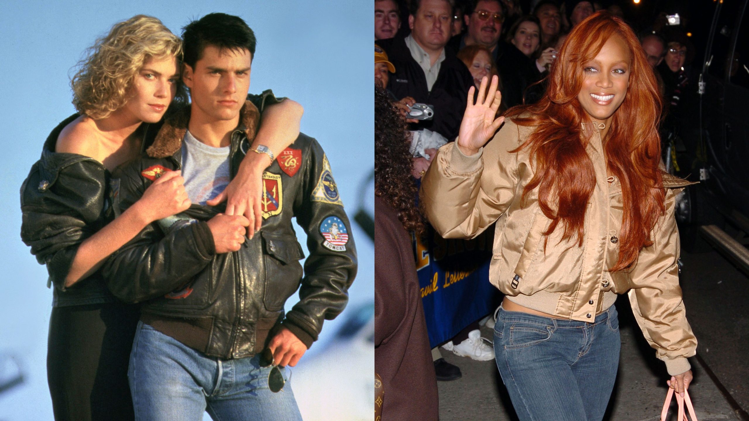 Tom Cruise en Tyra Banks dragen de bomber jacket.