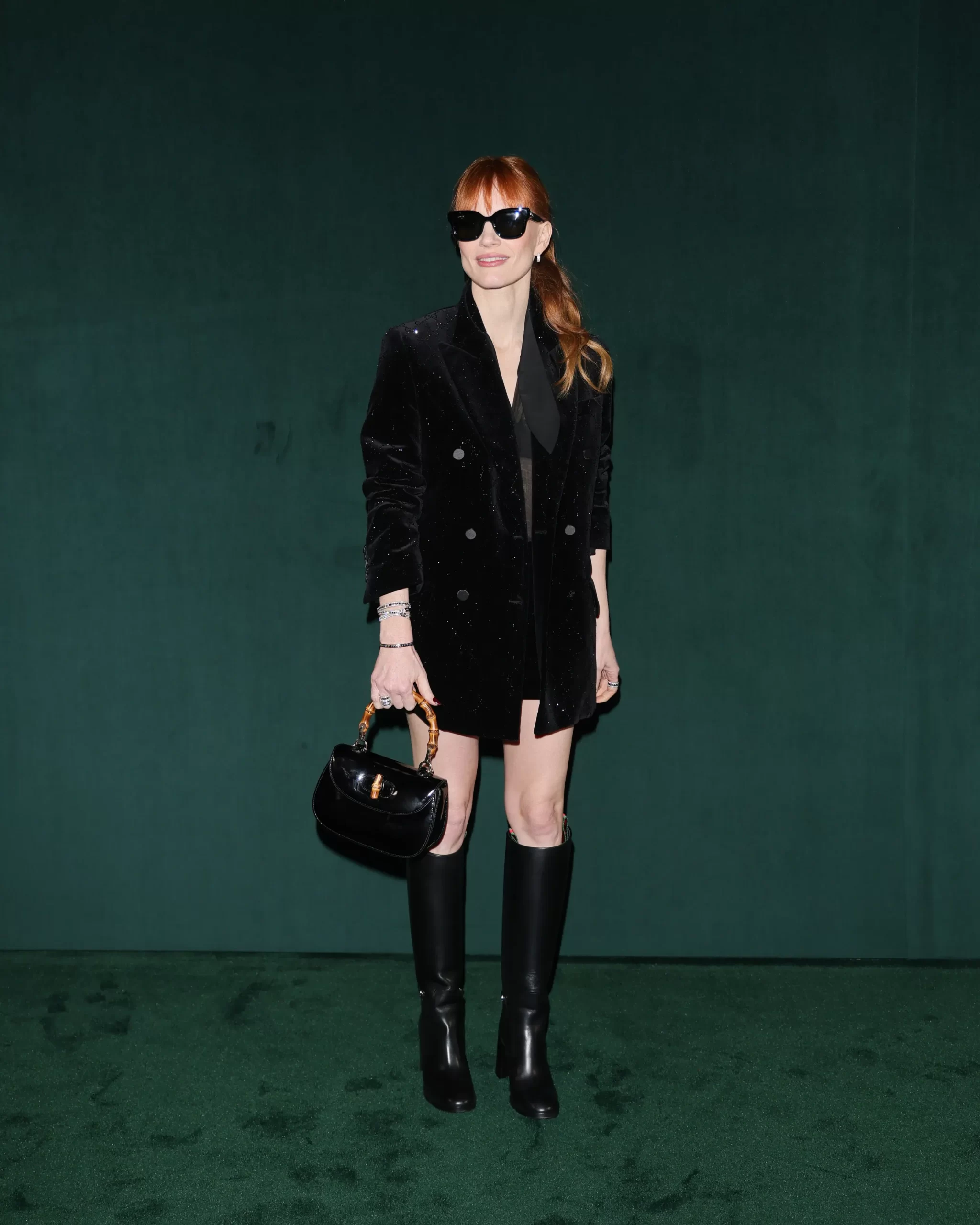 Jessica Chastain bij Gucci tijdens Milan Fashion Week herfst/winter 2025