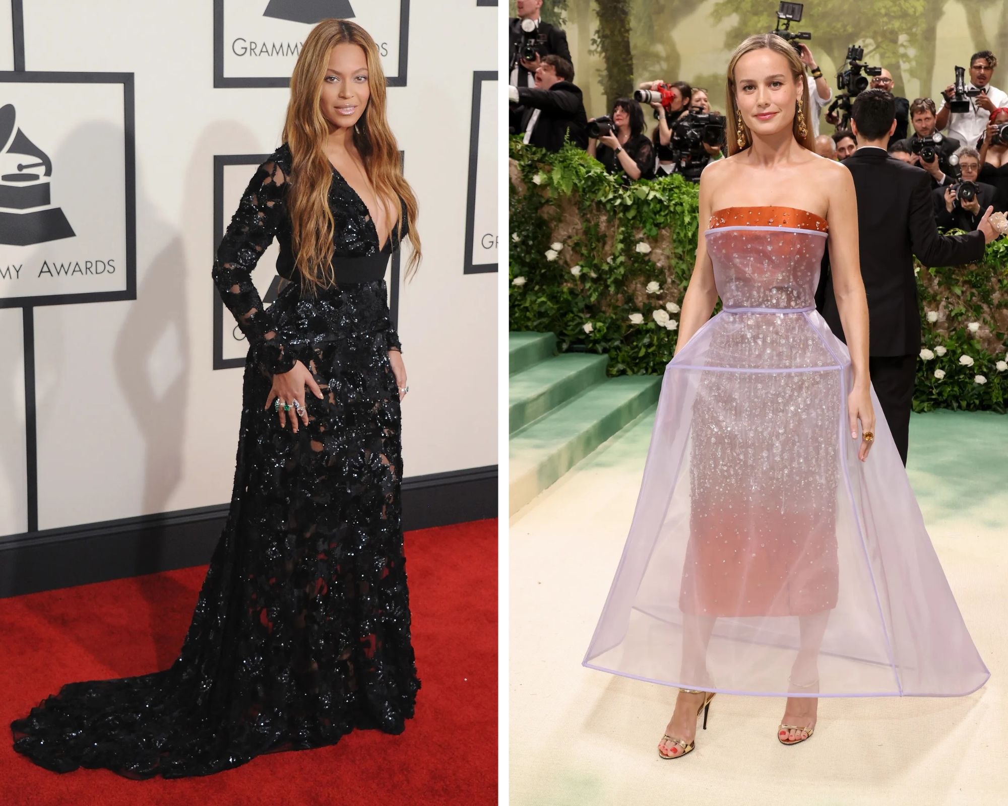 Beyoncé bij de Grammy's van 2015 (links) en Brie Larson bij het Met Gala 2024 in Proenza Schouler