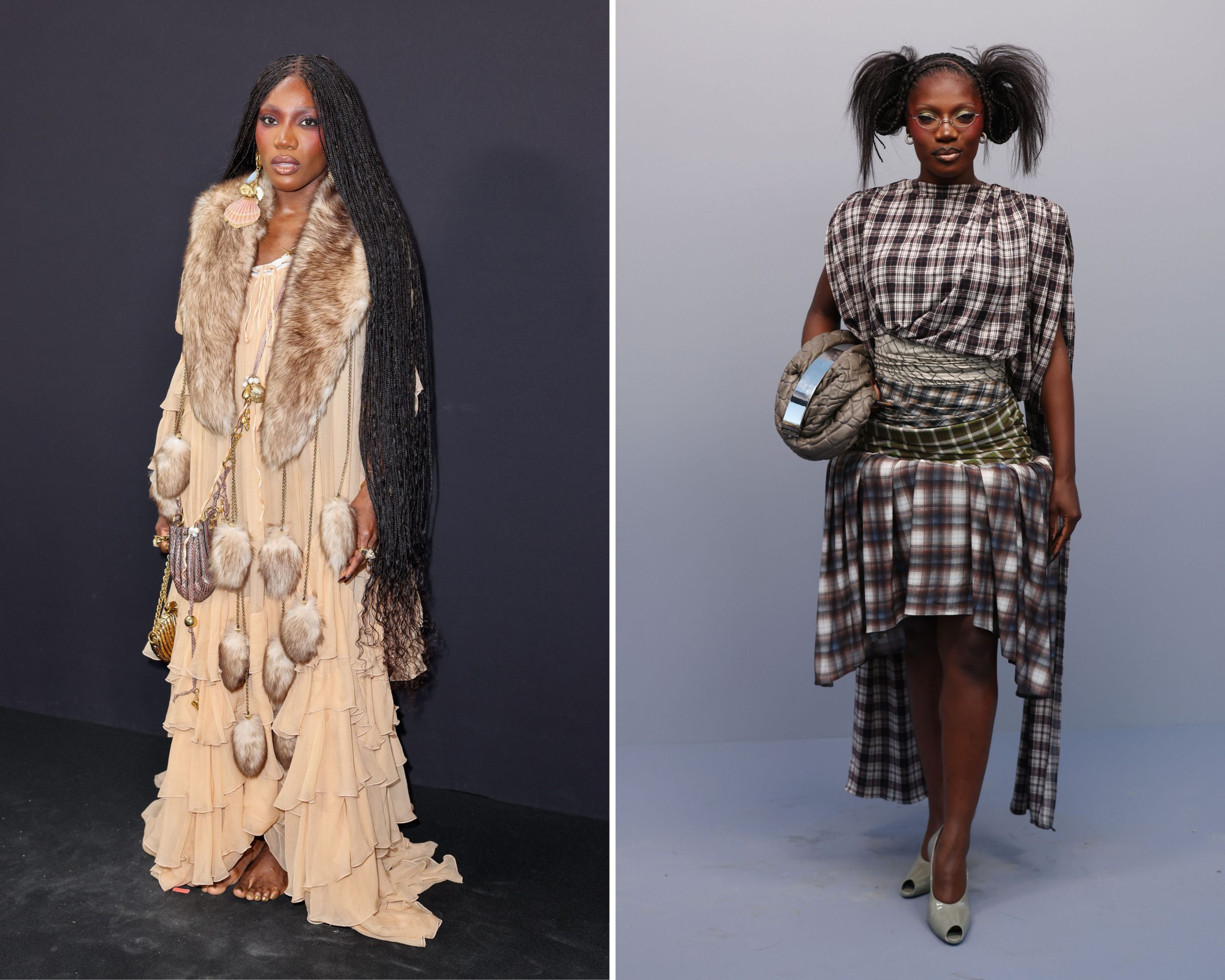 Doechii tijdens Paris Fashion Week herfst/winter 2025 bij de show van Chloé (links) en Acne Studios (rechts).