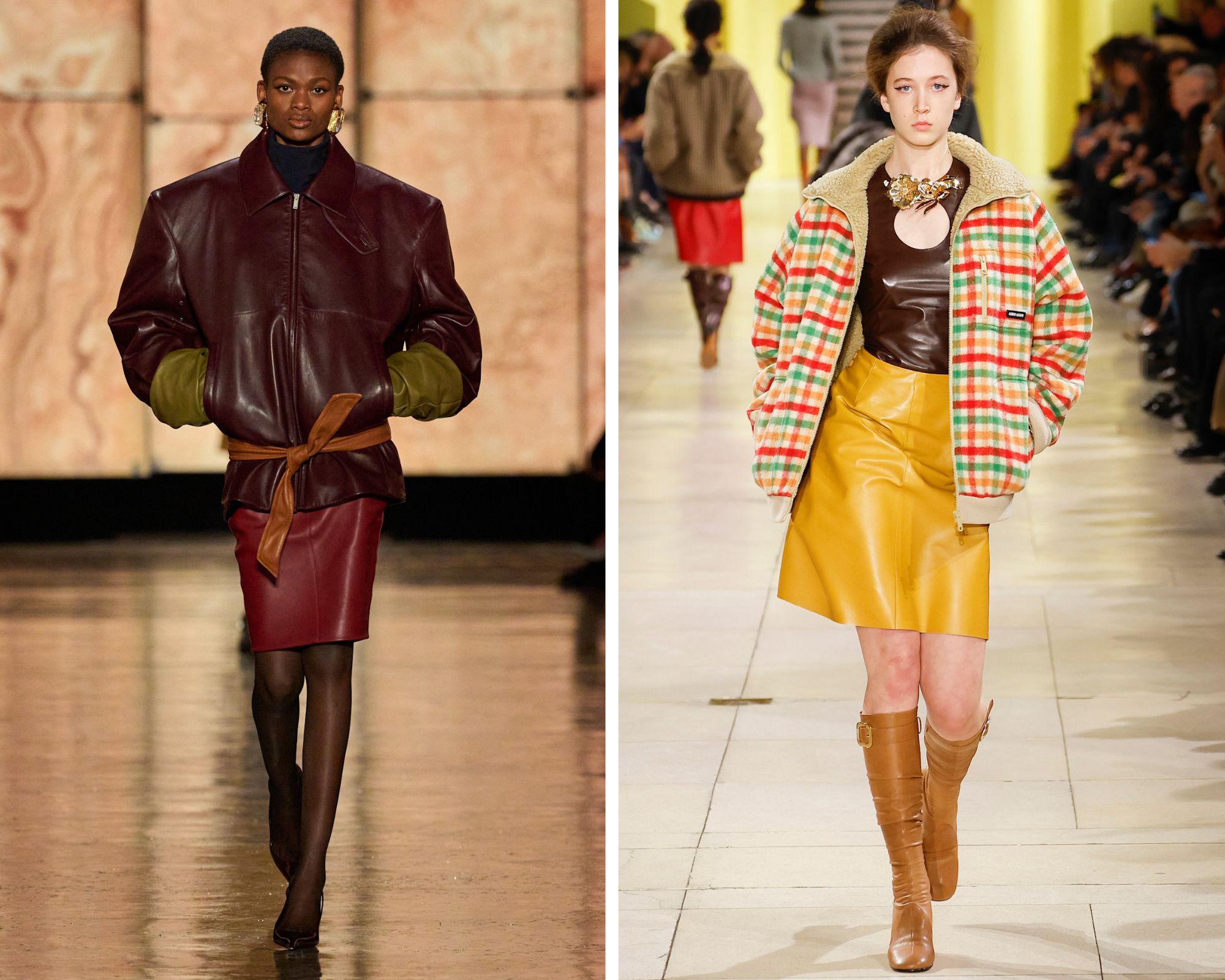De leren midirok bij Saint Laurent en Miu Miu