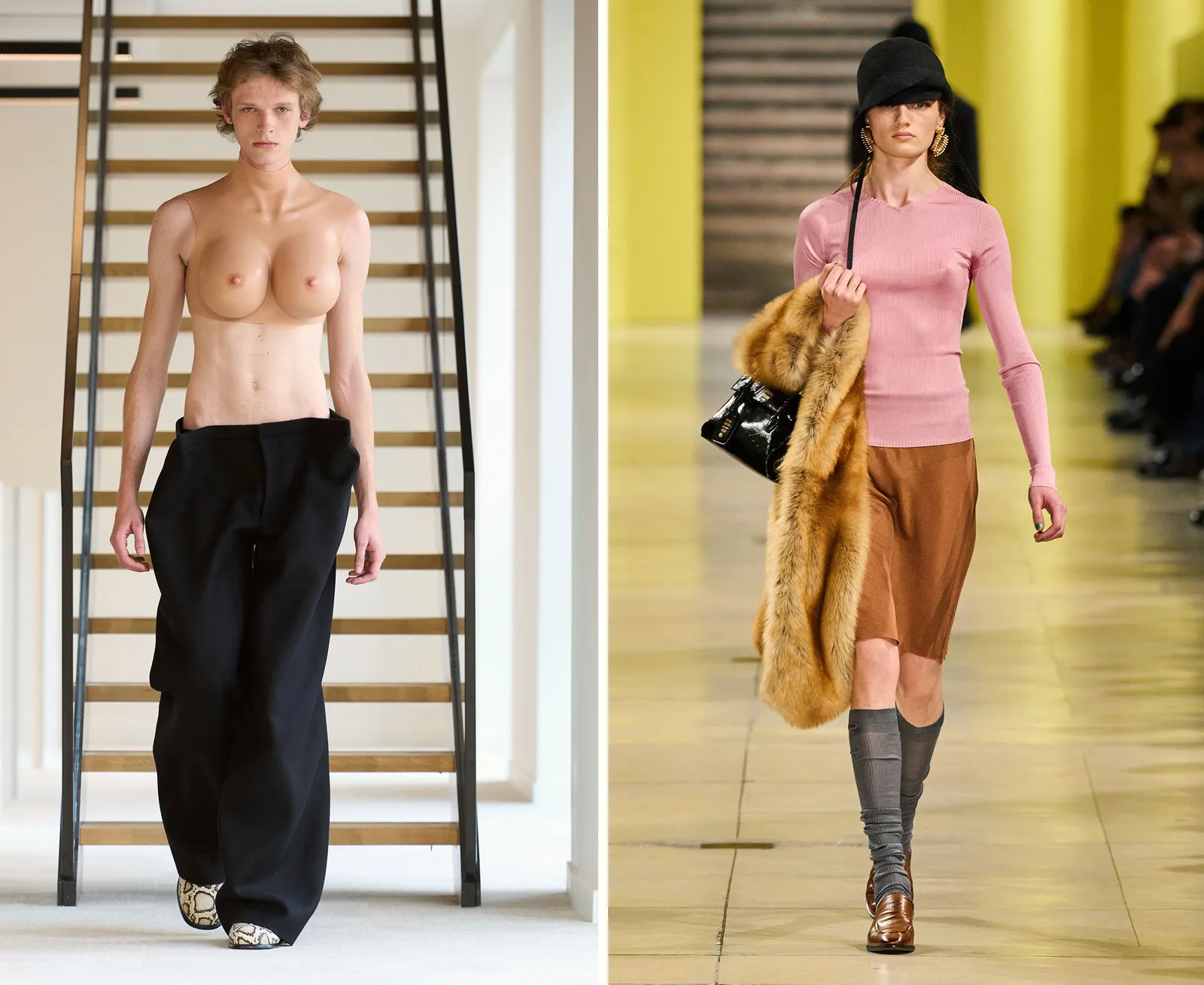 De borstplaat bij Duran Lantink en de conische bh bij Miu Miu.