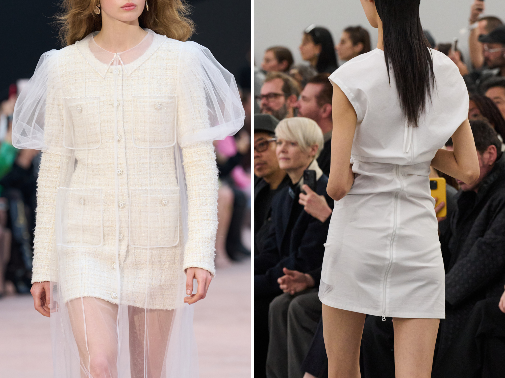 Jurk van Chanel herfst/winter 2025 en jurk van Miyake van herfst/winter