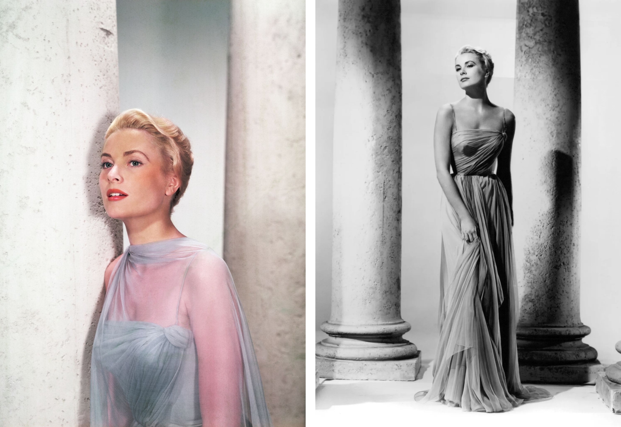 Grace Kelly in een soortgelijke blauwe jurk als Scarlett Johansson in Cannes.