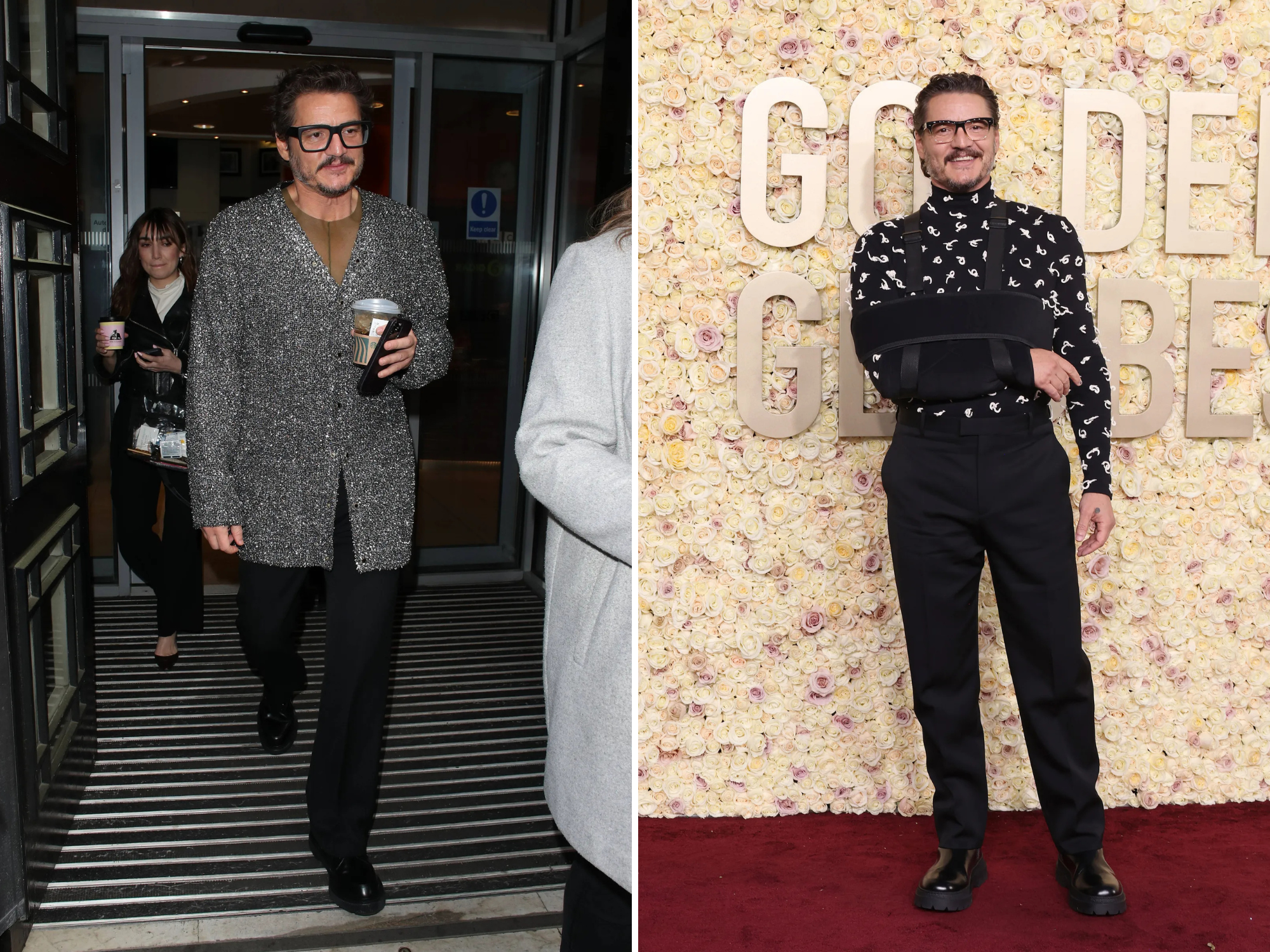 Pedro Pascal in Londen op linkerfoto, rechterfoto van Golden Globes 2024